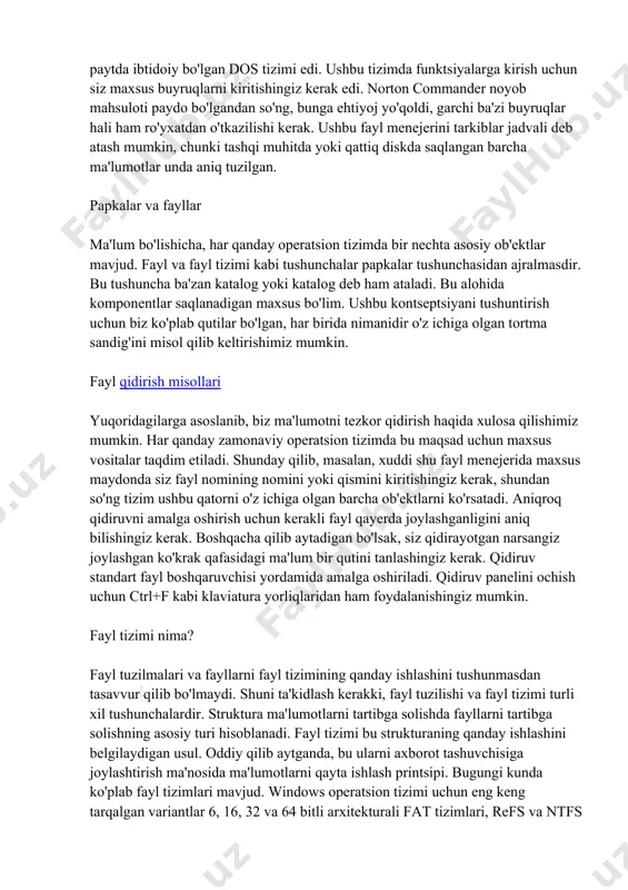 sizga taqdim etilgan echimlar ro'yxatidan tegishli dasturni tanlashni taklif qiladi. informatika kompyuter texnikasining rivojlanishining boshida keling, birinchi kompyuterlar paydo bo'lgan davrda axborot texnologiyalari qanday bo'lganini ko'rib chiqaylik. o'sha paytda qo'llanilgan asosiy tizim o'sha paytda ibtidoiy bo'lgan dos tizimi edi. ushbu tizimda funktsiyalarga kirish uchun siz maxsus buyruqlarni kiritishingiz kerak edi. norton commander noyob mahsuloti paydo bo'lgandan so'ng, bunga ehtiyoj yo'qoldi, garchi ba'zi buyruqlar hali ham ro'yxatdan o'tkazilishi kerak. ushbu fayl menejerini tarkiblar jadvali deb atash mumkin, chunki tashqi muhitda yoki qattiq diskda saqlangan barcha ma'lumotlar unda aniq tuzilgan. papkalar va fayllar ma'lum bo'lishicha, har qanday operatsion tizimda bir nechta asosiy ob'ektlar mavjud. fayl va fayl tizimi kabi tushunchalar papkalar tushunchasidan ajralmasdir. bu tushuncha ba'zan katalog yoki katalog deb ham ataladi. bu alohida komponentlar saqlanadigan maxsus bo'lim. ushbu kontseptsiyani tushuntirish uchun biz ko'plab qutilar bo'lgan, har birida nimanidir o'z ichiga olgan tortma sandig'ini misol qilib keltirishimiz mumkin. fayl qidirish misollari yuqoridagilarga …