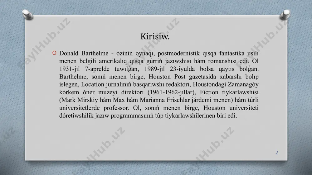arında ótkerdi, lionel hampton hám peck kelley sıyaqlı muzıkalıq innovatorlarni tıńladı, bul onıń keyingi jazıwlarına tásir etken tájiriybe. barthelmening ákesi menen qatnası kóterilisshi ul hám qatal áke arasındaǵı gúres edi. keyingi jıllarda olar barthelme háwesker hám ol jazǵan ádebiyat túrleri haqqında júdá kóp tartıs-tartıslarǵa dus keldiler. onıń ákesi kóp tárepten kórkem óner hám estetikada avangard bolǵan bolsada, ol postmodern hám dekonstruksiya mekteplerin maqullamadi. 4 barthelme qısqa waqıt dawamında boston universiteti, buffalo universiteti hám new-york qala kolledjinde sabaq beriwdi dawam ettirdi hám ol erda 1974-jıldan 1975-jılǵa shekem belgili kelgen professor retinde xızmet etdi.onıń úkeleri frederik (1943-jılda tuwılǵan) hám stiven (1947-jılda tuwılǵan) da belgili fantastika jazıwshıları bolıp tabıladı. 5 1961-jılda barthelme houstondagi zamanagóy kórkem óner muzeyi direktorı boldı; ol óziniń birinshi qıssasın sol jılı baspa etdi. onıń new-yorker basılıwı, " l'lapse", mikelanjelo antonionin’ " l'eclisse" (the eclipse) filmine parodiya bolıp, 1963-jılda baspa etilgen. jurnal barthelmening dáslepki shıǵarmalarınıń kóp bólegin, atap aytqanda, " …
