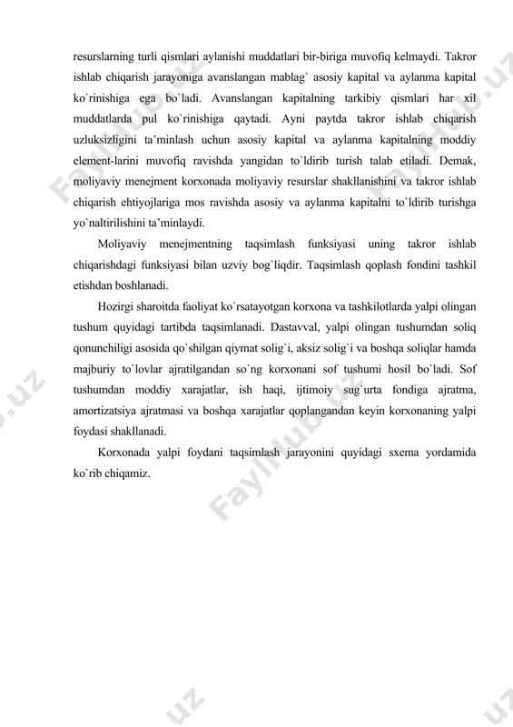rajatlar qoplangandan keyin korxonaning yalpi foydasi shakllanadi. korxonada yalpi foydani taqsimlash jarayonini quyidagi sxema yordamida ko`rib chiqamiz. moliyaviy menejment korxonada foydani taqsimlash siyosatini, uning takror ishlab chiqarish jarayoni va rag`bat-lantirishdagi rolini belgilaydi. daromadlarni taqsimlash jarayoni natijasida pul fondlari tashkil etiladi, moliyaviy dasturlar va tadbirlar amalga oshiriladi, kapitalning optimal strukturasi ta’minlanadi. moliyaviy menejmentning nazorat funksiyasi so`m bilan nazorat orqali amalga oshiriladi. bunda to`lov va hisob-kitoblarni olib borish jarayonida moliyaviy ko`rsatkichlarning o`zgarishi hamda moliyaviy strategiya bajarilishi ustidan nazorat o`rnatildi. moliyaviy menejmentning nazorat funksiyasi uning takror ishlab chiqarish va taqsimlash funksiyasi bilan doimo bog`lanib ketadi. moliyaviy menejmentning nazorat funksiyasi korxonada daromad manbalarini aniqlash, ishlab chiqarish va sotish jarayonida pul fondlari strukturasini aniqlash, korxona pul fondlari va moddiy resurslardan foydalanishda daromad va xarajatlarni tartibga solish maqsadlariga xizmat qiladi. korxona moddiy va moliyaviy mablag`larini, daromad va xarajatlarini balanslashtirishda xom ashyo, moddiy resurslardan samarali foydalanish, mehnat unumdorligini oshirish, qarz va to`lovlarni o`z vaqtida to`lash muhim ahamiyatga …