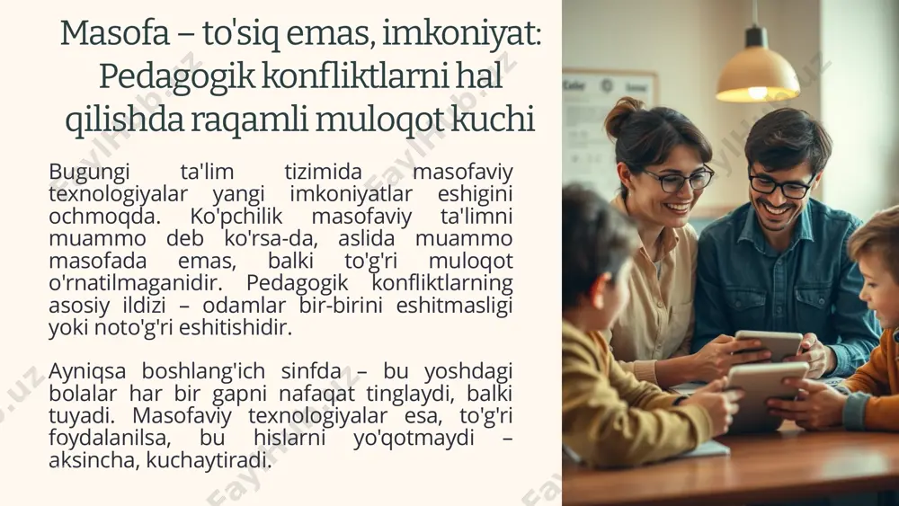 qiladi. 4 muammo mohiyati – masofa emas, tushunmovchilik eshitmaslik pedagogik konfliktlarning asosiy ildizi – odamlar bir-birini eshitmasligi yoki noto'g'ri eshitishidir. hissiy aloqa boshlang'ich sinf o'quvchilari har bir gapni nafaqat tinglaydi, balki tuyadi va his qiladi. texnologiya imkoniyati masofaviy texnologiyalar to'g'ri foydalanilsa, hissiy aloqani yo'qotmaydi – aksincha, kuchaytiradi. masofaviy ta'limda muammo masofaning o'zida emas, balki to'g'ri muloqot o'rnatilmaganidir. boshlang'ich sinf o'quvchilari uchun har bir so'z, har bir ohang muhim ahamiyatga ega. ular nafaqat ma'lumotni, balki uning ortidagi hissiyotni ham qabul qiladi. 5 konfliktni rivojlanish imkoniyatiga aylantirish muammo masofaviy ta'limda yuzaga kelgan tushunmovchilik tahlil vaziyatni chuqur o'rganish va tushunish yechim yangi yondashuv va usullarni qo'llash rivojlanish tajribadan o'rganish va takomillashish masofaviy texnologiyalar orqali yuzaga kelgan har qanday tushunmovchilik – bu o'sish, rivojlanish va yaxshiroq aloqa o'rnatish imkoniyatidir. konflikt – bu xavf emas, aloqa sifatini tekshiruvchi belgi bo'lib xizmat qiladi. 6 masofaviy ta'limda yurakdan muloqot qilish eshitish bolaning so'zlarini va so'z ortidagi hislarini …