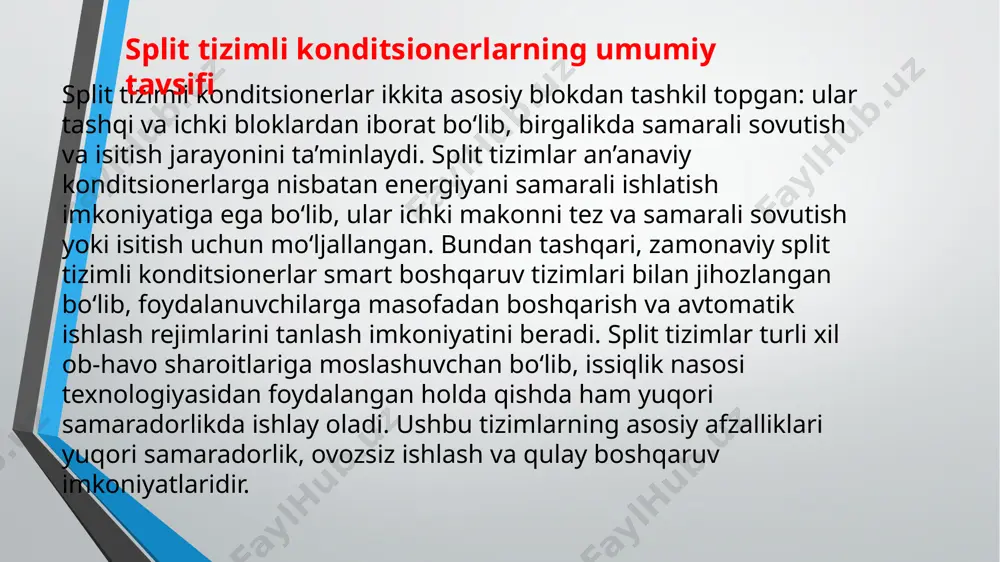 odan issiqlikni o‘ziga oladi. kapillyar quvur yoki termostatik kengaytirish valfi (tev) – sovutish agentining bosimini pasaytirib, uning bug‘lanish jarayonini osonlashtiradi. ventilyatorlar – tashqi va ichki bloklarda havo almashinuvini ta’minlaydi. filtr tizimi – havodan chang va zararli moddalarning o‘tishini oldini oladi. split tizimli konditsionerlarning ishlash rejimi split tizimli konditsionerlar quyidagi rejimlarda ishlashi mumkin: sovutish rejimi – ichki blok evaporator orqali havodan issiqlikni chiqarib, xona ichini sovitadi. isitish rejimi – issiqlik nasosi orqali sovutish agentining harakat yo‘nalishini o‘zgartirib, tashqi havodan issiqlikni olib ichki makonga uzatadi. xavo bilan isitish tizimlarining afzalliklari va kamchiliklari. ventilyatsiya rejimi – konditsioner havoni faqat aylantirib, xonada havo almashinuvini ta’minlaydi. namlikni kamaytirish rejimi – namlikni siqib chiqarish orqali xona mikroiqlimini yaxshilaydi. splittizimlikonditsionerlarningenergiya samaradorligi konditsionerlarning energiya samaradorligi ularning seer (seasonal energy efficiency ratio) va cop (coefficient of performance) ko‘rsatkichlariga bog‘liq. zamonaviy split tizimli konditsionerlar energiyani tejash maqsadida inverter texnologiyasidan foydalanadi. inverter tizimi kompressorning tezligini avtomatik boshqarish orqali elektr energiyasini samarali …