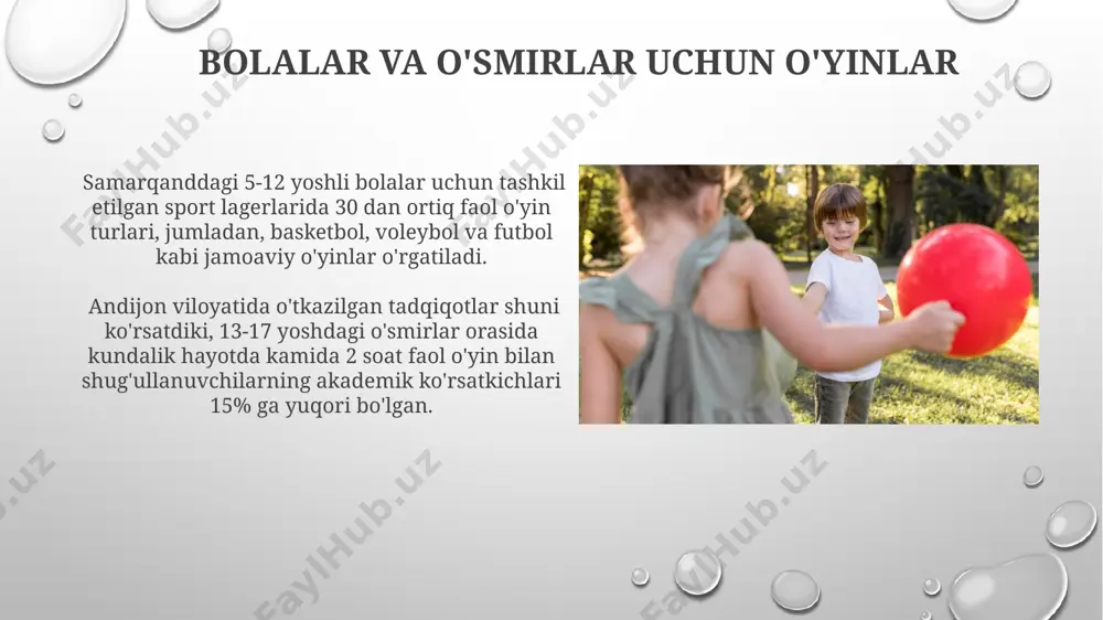 adi. ochiq havoda o'ynaladigan o'yinlar, masalan, yugurish, sakrash, tog'da piyoda yurish kabi o'yinlar, 5-6 kishidan iborat kichik guruhlarda toshkentdagi parklarda o'tkazilishi mumkin, bu esa bolalarning tabiat bilan yaqinlashishiga va jismoniy faollikni oshirishga yordam beradi. e'tiboringiz uchun rahmat @taqdimot_robot image3.png image4.jpg image5.jpg image6.jpg image7.jpg image8.jpg image9.jpg image10.jpg image11.jpg image12.jpg image13.jpg image14.jpg image15.jpg image16.jpg image1.png