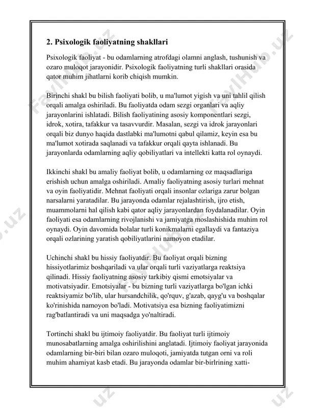 olatlarini anglash va boshqarish qobiliyatlarini o'rganadilar. 3. ruhiy salomatlik (psixopatologiya): bu soha insonlarning ruhiy salomatligiga ta'sir qiluvchi omillarni o'rganishga qaratilgan. turli xil ruhiy kasalliklar va ularning paydo bo'lish sabablari, belgilari va davolash usullari bu yo'nalishning muhim tadqiqot mavzularidir. stress, depressiya, bipolar buzilishlar, shizofreniya kabi ko'plab xavflarni bartaraf etishda bu sohaning yutuqlari juda muhimdir. statistik ma'lumotlarga ko'ra, har yili millionlab insonlar dunyo bo'ylab turli xil ruhiy buzilishlardan aziyat chekadilar. 4. ijtimoiy psixologiya: bu soha insonlarning jamiyatdagi xulq-atvori va ijtimoiy munosabatlarini o'rganadi. ijtimoiy psixologiya orqali insonlar o'rtasidagi aloqa, guruh dinamikasi, stigmatizatsiya, konformizm va boshqa ijtimoiy jarayonlarni tushunish mumkin. ushbu sohadagi ilmiy tadqiqotlar ijtimoiy muammolarni hal qilishda yordam beradi va insonlar o'rtasidagi o'zaro munosabatlarni yaxshilashga qaratilgan. masalan, qo'rqitish, kamsitish va ijtimoiy bosim kabi mavzular bu yo'nalishda keng o'rganiladi. 5. rivojlanish psixologiyasi: insonning butun hayot davomida o'tkazadigan rivojlanish jarayonlarini o'rganadi. bu sohada chaqaloqlik, bolalik, yoshlik, kattalik va qariyalik davrlaridagi psixologik o'zgarishlar tahlil qilinadi. genlar …