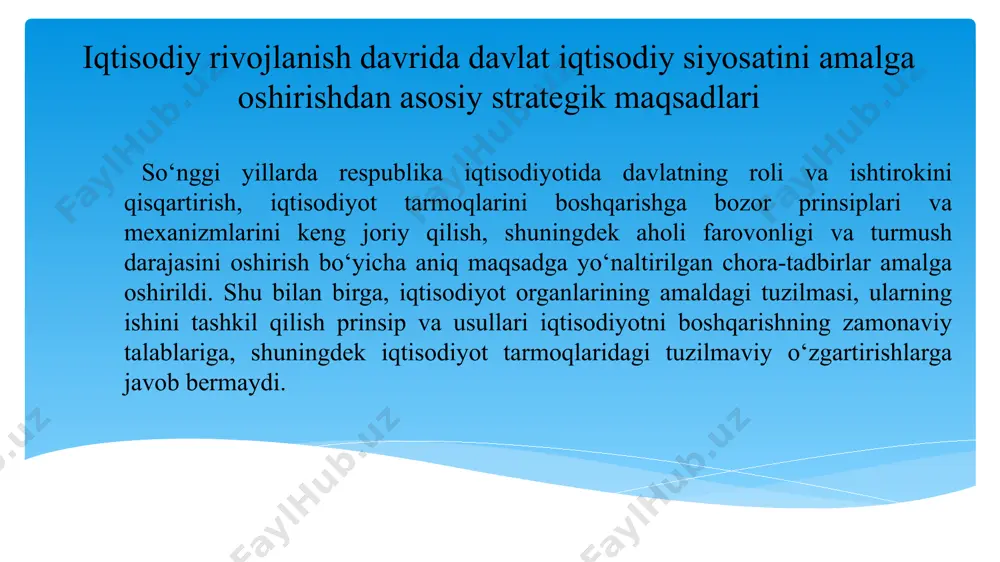 siyosatini ishlab chiqish 9 davlat investitsiya siyosatini shakllantirish va amalga oshirish borasida iqtisodiyotni bozor tamoyillari asosida boshqarish bo‘yicha institutsional islohotlarni amalga oshirish orqali biznes faoliyati sohasidagi asossiz majburiyatlar, taqiqlar va cheklovlarni olib tashlash, joriy tartibga solish jarayonlarini takomillashtirish hamda sohada amaldagi va qabul qilinadigan normativ-huquqiy hujjatlarning biznes muhitiga ta’sirini baholash o‘zbekiston respublikasi monopoliyaga qarshi kurashish qo‘mitasi bilan birgalikda mamlakat iqtisodiyotida raqobat muhitini yaxshilash, savdo-sanoat palatasi va biznes-ombudsman bilan birgalikda biznes muhitini yaxshilash va tadbirkorlikni rivojlantirish borasidagi ishlarni tashkil etishda hamkorlik qilish bo‘yicha o‘zaro muvofiqlashtirilgan harakatlarni amalga oshirish 10 biznes muhitini yaxshilash va xalqaro reytinglar masalalari bo‘yicha mamlakatni iqtisodiy rivojlantirish strategiyasidan, shu jumladan o‘rta va uzoq muddatli tashqi iqtisodiy muvozanatligini ta’minlash maqsadlaridan kelib chiqib, xalqaro iqtisodiy hamkorlikning ustuvor yo‘nalishlari bo‘yicha takliflarni ishlab chiqish; iqtisodiy sohada turli integratsiya birlashmalari (mdh, eoii(evroosiyo iqtisodiy ittifoqi) va boshqalar) bilan, respublika hududlari xorijiy davlatlar hududlari bilan, shu jumladan chegaraoldi hamkorlikning mamlakat ijtimoiy-iqtisodiy rivojlanish istiqbollariga ta’sirini keng …