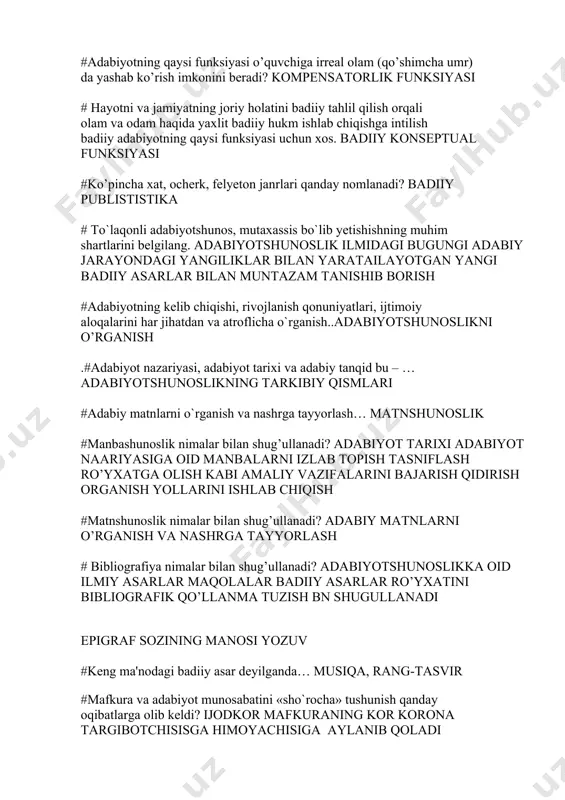 dagi bugungi adabiy jarayondagi yangiliklar bilan yaratailayotgan yangi badiiy asarlar bilan muntazam tanishib borish #adabiyotning kеlib chiqishi, rivojlanish qonuniyatlari, ijtimoiy aloqalarini har jihatdan va atroflicha o`rganish..adabiyotshunoslikni o’rganish .#adabiyot nazariyasi, adabiyot tarixi va adabiy tanqid bu – … adabiyotshunoslikning tarkibiy qismlari #adabiy matnlarni o`rganish va nashrga tayyorlash… matnshunoslik #manbashunoslik nimalar bilan shug’ullanadi? adabiyot tarixi adabiyot naariyasiga oid manbalarni izlab topish tasniflash ro’yxatga olish kabi amaliy vazifalarini bajarish qidirish organish yollarini ishlab chiqish #matnshunoslik nimalar bilan shug’ullanadi? adabiy matnlarni o’rganish va nashrga tayyorlash # bibliografiya nimalar bilan shug’ullanadi? adabiyotshunoslikka oid ilmiy asarlar maqolalar badiiy asarlar ro’yxatini bibliografik qo’llanma tuzish bn shugullanadi epigraf sozining manosi yozuv #kеng ma'nodagi badiiy asar dеyilganda… musiqa, rang-tasvir #mafkura va adabiyot munosabatini «sho`rocha» tushunish qanday oqibatlarga olib kеldi? ijodkor mafkuraning kor korona targibotchisisga himoyachisiga aylanib qoladi #“san'at lug`atda hunar dеmakdirkim, bir narsani yaxshi ishlab chiqarishdan iboratdir”, - degan fikrlar kimga tegishli? fitrat #shе'riyatimizda barmoqning yеtakchilik mavqеyini egallay boshlagani …