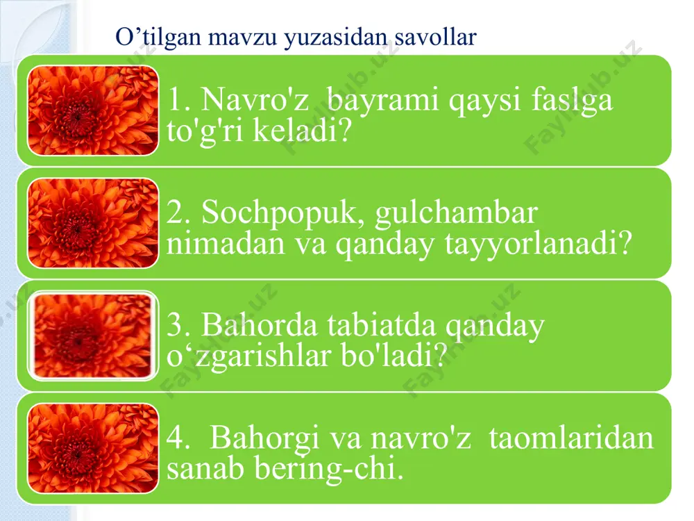 … 3-o’quvchi 4-o’quvchi 5-o’quvchi -qadim zamondabir podshoh… qadim zamonda bir podshoh bo’lgan… qadim zamonda bir podshoh bo’lgan ekan… darsga yakun yasash va o’quvchilarni baholash. kayfiyatni aniqlash mashqi orqali darsda faol qatnashgan o’quvchilar kartochkalar orqali rag’batlantirib olamiz. rag’bat kartochkalarini tarqatish davomida sherozbek tomonidan “bu mening onam” qo’shig’ini jonli ijro tarzida kuylab ochiq dars tahliliga kirgan ustozlarni gullar bilan tabrikladi. uyga vazifa. yangi mavzuni puxta o’zlashtiring onangizdan alla qo`shig`ining she`rini yodlab keling. image1.jpeg image4.png image5.png image6.jpeg image7.png image8.png image9.gif image10.png image11.jpeg image12.png /docprops/thumbnail.jpeg
