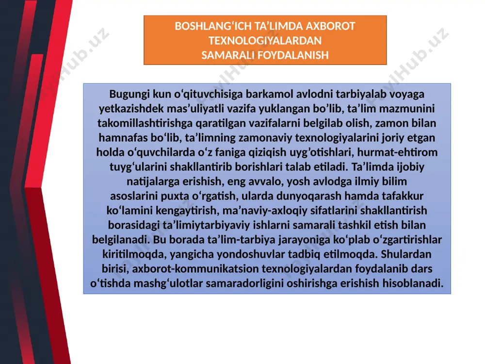 yicha kompyuter yordamida o’qitish); dasturiy mahsulotlarni yaratish; turli axborot muhitidan foydalanish. zamonaviy axborot texnologiyalarning jadal taraqqiy etib, ta’lim sohasiga jadal kirib kelishi, hayotimizda muhim ahamiyatga ega bo‘lib borayotgani bu boradagi bilim va malakalarimizni ham mos ravishda shakllantirishni taqozo etadi. shuning uchun, boshlang‘ich sinflarda kompyuterdan foydalanib dars o‘tish tavsiya qilindi. dars jarayonining muhim yutuqlaridan biri kompyuter texnologiyalari komponentlaridan foydalanishni ta’minlovchi dasturiy vositalarning yaratilishi bo‘ldi. ayniqsa, o‘quv jarayonining tashkil qilishda bu dasturiy vositalar alohida ahamiyatga ega. elektron qo‘llanmalarning “ma c r o me d i a f l a s h ” , “ g i f a n i ma t i o n ” , “mi c r o s o f t f r o n t p a g e ” , “ a b o b e f o t o s h o p ” , “ 3 d ma x ” , “mi c r …