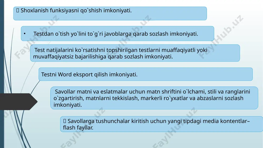 h (ввод строки) o`quvchi to`g`ri javobni taxrirlanuvchi matn maydoniga kiritishi kerak. «допустимые ответы» ro`yxatiga barcha to`g`ri deb hisoblanuvchi variantlarni kiriting. variantlar registrga sezuvchi (katta yoki kichik xarflar) bo`lishi mumkin moslarini birlashtirish (соответствие) mos so`zlar yoki jumlalarni birlashtirish. bir necha mos juftliklar yarating. test jarayonida chap va o`ng tomonlar aralash xolatda beriladi. tartiblash (порядок) javoblarni to`g`ri variantda tartiblash kerak. javoblarni to`g`ri variantdagi tartib bilan yarating. test topshiruvchiga u ixtiyoriy tartibsiz xolda beriladi. son kiritish (ввод числа) javoblar maydoniga raqam kiritilishi kerak. javob butun yoki kasr son bo`lishi mumkin. kasr sonlarni bo`luvchisi sifatida nuqta belgisi ishlatiladi. bunday test savolida to`g`ri javob variantini bir necha shartlardan foydalangan xollarda berish mumkin. berilgan shartlarda qaysi biri qanoatlantirilsa shu javob to`g`ri deb xisoblanadi. shartlar quyidagi tiplardan iborat bo`lishi mumkin: teng (равно) [son] ; orasida (между) [son1] va [son2] ; katta (больше чем) [son] ; katta yoki teng (больше или равно) [son]; kichik (меньше чем) [son]; kichik …
