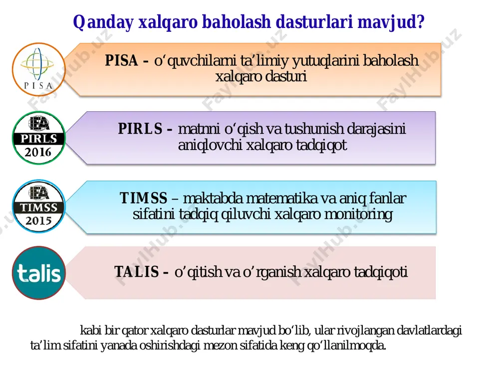 rini shakllantirish, raqobatbardosh kadrlarni tayyorlash uchun mustahkam zamin yaratish. buning uchun nimalarni amalga oshirdik va yana qanday ishlarni bajarish zarur? lola tomorqasida gulzor tashkil qilmoqchi. unda gulzor atrofini chegara bilan o‘rash uchun 32 metr sim bor. lola quyida berilgan qaysi shakllarda gul ekishi mumkin? gulzor berilgan jadvalning har bir qatoridan “ha” yoki “yo‘q” belgisini belgilang. gulzor shakli 32 metrlik sim chegarasini to‘liq o‘rab chiqishga yetadimi? i ha / yo‘q ii ha / yo‘q iii ha / yo‘q iv ha / yo‘q i shakl ii shakl iii shakl iv shakl o‘quvchilarning kompetentligini aniqlashga yo‘naltirilgan o‘quv topshiriq na’munasi diagrammada o’g’il va qiz bolalar bo‘yining o‘rtacha o‘sish grafigi ko‘rsatilgan. bo‘y o‘sishi 1-topshiriq. grafikdan foydalanib 12 yoshdan so‘ng qiz bolalar bo‘yi o‘sishining o‘rtacha ko‘rsatkichi sekinlashganligini tushuntirib bering. javob:12-14 yosh oralig‘ida qizlar bo‘yi 10 sm, o‘g‘il bolalar bo‘yi 18 sm ga o‘sgan. 2-topshiriq. grafikdan qaysi yoshlarda qiz bolalarning o‘rtacha bo‘yi o‘g‘il bolalarning o‘rtacha bo‘yidan baland …