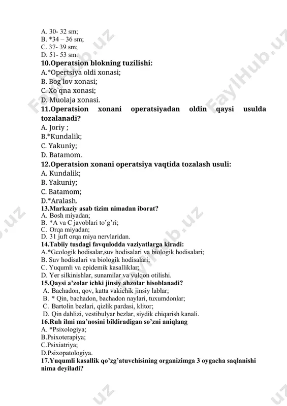 jinsiy ahzolar hisoblanadi? a. bachadon, qov, katta vakichik jinsiy lablar; b. * qin, bachadon, bachadon naylari, tuxumdonlar; c. bartolin bezlari, qizlik pardasi, klitor; d. qin dahlizi, vestibulyar bezlar, siydik chiqarish kanali. 16.ruh ilmi ma’nosini bildiradigan so’zni aniqlang a. *psixologiya; b.psixoterapiya; c.psixiatriya; d.psixopatologiya. 17.yuqumli kasallik qo’zg’atuvchisining organizimga 3 oygacha saqlanishi nima deyiladi? a. *o’tkir rekonvalisient ; b. surunkali rekonvalisient ; c. kasllikning qaytalanishi ; d. sog’lom odamlarning kasallanib qolishi. 18.nafas sonini kamayishi tibbiyotda nima deyiladi? a.bradikardiya; b.taxikardiya; c.*bradipnoe; d.taxipnoe. 19.teri va tanosil kasalliklarini o’rganadigan fan nima deb ataladi? a.*dermatovenerologiya; b.dermatofiziologiya; c.gerantologiya; d.gastrologiya. 20.ko’ruv a’zosi necha qismdan iborat? a.*4 qism; b.3 qism; c.5 qism; d.2 qism. kasbiy-amaliy imtihon savollari 1.qariyalarda miokard infarkti xurujida qanday shoshilinch yordam korsatiladi a. bemor yarim utirgan holda yotishi, kalsiy xlor 10%-10 ml tomir ichiga, kalsiy glyukonat 10%-10 ml tomir ichiga yuboriladi.. vikasol. 1% li eritmasi 1 ml dan muskullar orasiga yuboriladi. askorbin kislota. 5% li eritmasi 1-3 …
