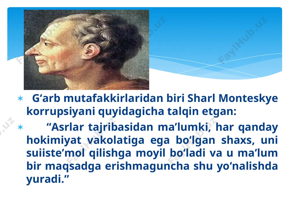 korrupsiyaga qarshi kurashish to‘g‘risidagi qonun hujjatlarining ijro etilishi ustidan jamoatchilik nazoratini amalga oshirishi; * 21-modda. manfaatlar to‘qnashuvining oldini olish va uni bartaraf etishga doir chora-tadbirlar davlat organlarining xodimlari mansab yoki xizmat majburiyatlarini bajarish chog‘ida manfaatlar to‘qnashuviga olib keladigan yoki olib kelishi mumkin bo‘lgan shaxsiy manfaatdorlikka yo‘l qo‘ymasligi kerak. manfaatlar to‘qnashuvi yuzaga kelgan taqdirda, davlat organlarining xodimlari o‘zining bevosita rahbarini darhol xabardor qilishi kerak. manfaatlar to‘qnashuvi mavjudligi to‘g‘risida ma’lumotlar olgan rahbar bu to‘qnashuvning oldini olish yoki uni bartaraf etish yuzasidan o‘z vaqtida choralar ko‘rishi shart. davlat organlarining maxsus bo‘linmalari yoki odob komissiyalari manfaatlar to‘qnashuvini hal etish qoidalariga rioya etilishi yuzasidan monitoringni amalga oshiradi. davlat organlarining manfaatlar to‘qnashuvining oldini olish yoki uni bartaraf etish talablari buzilishiga yo‘l qo‘ygan xodimlari, shuningdek ularning rahbarlari qonun hujjatlariga muvofiq javobgar bo‘ladi. * коррупцияни олдини олиш тамойиллари 1-тамойил. олдини олиш жуда муҳимдир. 2-тамойил. жамоатчиликни ахборот билан таъминлаш. 3-тамойил. имкониятларни чеклаш бирламчи вазифа. 4-тамойил. муросасизлик руҳини юксалтириш. 5-тамойил. …