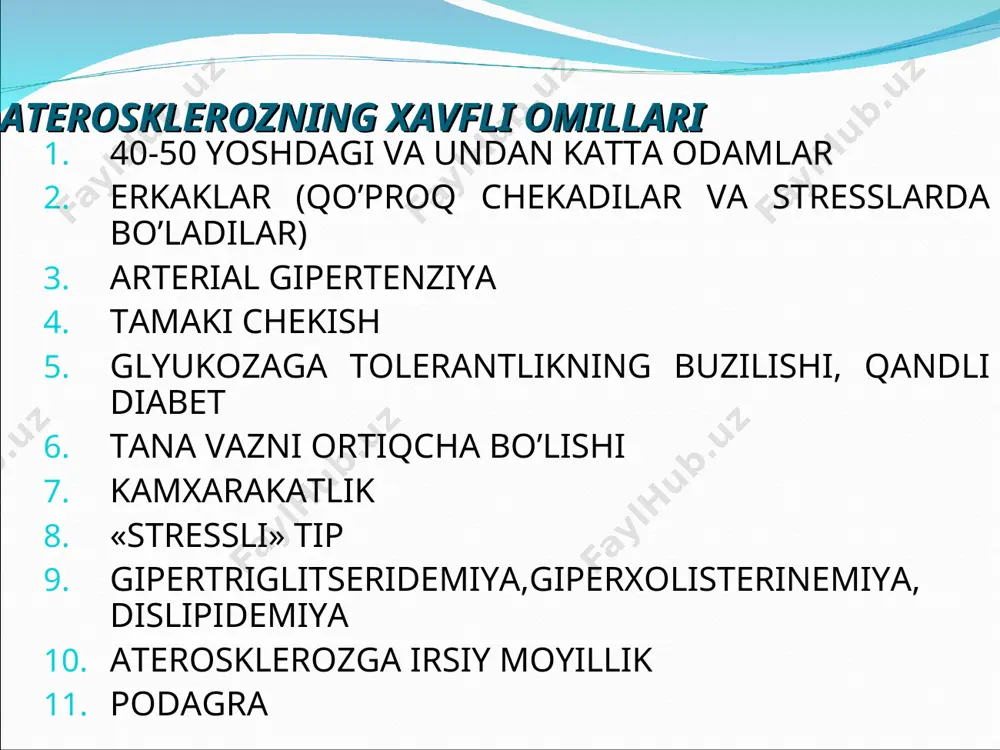 ida miokardga qon kelishining kamayishi yoki to’xtashi sababli yurak mushagining o’tkir va surunkali zararlanishi. etiologiyasi yurak toj arteriyalarini stenozlaydigan aterosklerotik zararlanishi toj arteriyalar spazmi o’tkinchi trombotsitlar qorishmasi yuik tasnifi (bjsst, 1979) 1. qo’qqisdan koronar o’lim. 2. stenokardiya: 2.1. zo’riqish stenokardiyasi: i – iv fs 2.1.1. ilk paydo bo’lgan. 2.1.2. muqim. 2.1.3. zo’rayib boruvchi. 2.2. spontan stenokardiya. 2.2.1. stenokardiyaning alohida shakli (prinsmetal stenokardiya). 3. miokard infarkti. 3.1. mayda o’choqli (intramural). 3.2. yirik o’choqli (transmural). 4. infarktdan keyingi kardioskleroz. 5. yurak yetishmovchiligi. 6. yurak ritmining buzilishi. yuik tasnifi (uzbekiston kardiologlari iv s'ezdida qabul qilingan o’zgarishlar bilan, 2000 ) 1. qo’qqisdan koronar o’lim (yurakning birlamchi to’xtab qolishi) 2. stenokardiya 2.1. barqaror zo’riqish stenokardiyasi i funksional sinf ii funksional sinf iii funksional sinf iv funksional sinf 2.2. nomuqim stenokardiya · birinchi marta paydo bo’lgan stenokardiya. · avj olib boruvchi zo’riqish stenokardiyasi · angiospastik stenokardiya · infarktdan keyingi erta stenokardiya · operatsiyadan keyingi erta stenokardiya …