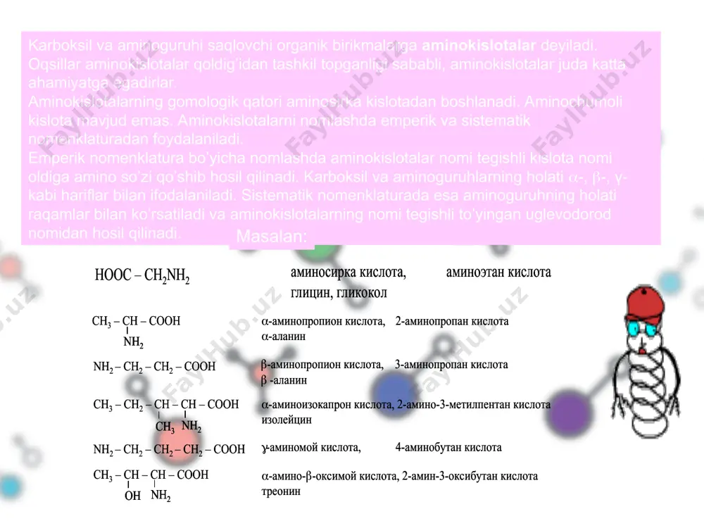 okislotalarning kumushli tuzlari suvda yomon eriydi, shu sababli cho`kma hosil bo`ladi: b) aminokislotaning misli tuzini hosil qilish ish yo`li: ikkita probirkaga 1 ml dan mis (ii) - sul`fatning 5% li eritmasidan qo`yamiz. bittasining ustiga a aminosirka kislotasining 5 % li eritmasidan 1 ml qo`shganimizda misning eruvchan kompleks tuzi hosil bo`lib eritma ko`k rangga bo`yaladi. ikkala probirkaga ishqorning 10 % li eritmasini 1 ml dan qo`shamiz. bunda aminokislota qo`shilmagan probirkada zangori rangli mis (ii) - gidroksidining laxcha cho`kmasi hosil bo`ladi. tajriba ximizmi: a aminokislotalarning misli tuzlari osonlik bilan ishqorli hamda kislotali muhitda barqaror ko`k rangli kompleks tuzga aylanadi: laboratoriya ishi e’tiboringiz uchun raxmat ! hooc – ch 2 nh 2 а миносирка кислота, аминоэтан кислота глицин, гликокол hooc – ch 2 nh 2 а миносирка кислота, аминоэтан кислота глицин, гликокол ch 3 – ch – cooh nh 2 nh 2 – ch 2 – ch 2 – cooh ch 3 – …