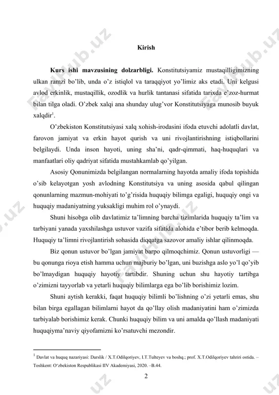 u qonunga rioya etish hamma uchun majburiy bo’lgan, uni buzishga aslo yo’l qo’yib bo’lmaydigan huquqiy hayotiy tartibdir. shuning uchun shu hayotiy tartibga o’zimizni tayyorlab va yetarli huquqiy bilimlarga ega bo’lib borishimiz lozim. shuni aytish kerakki, faqat huquqiy bilimli bo’lishning o’zi yetarli emas, shu bilan birga egallagan bilimlarni hayot da qo’llay olish madaniyatini ham o’zimizda tarbiyalab borishimiz kerak. chunki huquqiy bilim va uni amalda qo’llash madaniyati huquqiyma’naviy qiyofamizni ko’rsatuvchi mezondir. konstitutsiyadagi huquqiy g’oyalar istiqlol mafkurasida asosiy o’rinni egallaydi. qonun jamiyat hayotida hamma uchun yashash va harakat qilish qoidasiga aylanar ekan, qonunga nisbatan fuqarolarning munosabati qanday bo’lishi kerak? qonunga hurmat, e’tiqod-chi, degan qator savollar kelib chiqadi. konstitutsiyaning mazmun va mohiyatini o’rga nish, undagi ulug’vor g’oyalarni bilish, qonunga e’tibor va e’tiqod yuksak bo’lishini hayotning o’zi talab etadi. shuning uchun konstitutsiya va qonunlar ustuvorligini ta’minlashda istiqlol mafkurasining tarkibiy qismi bo’lgan huquqiy mafkura muhim ahamiyat kasb etadi. chunki odamlarni birlashtiruvchi va fikrlarni jamlaydigan qonunlarga murojaat …