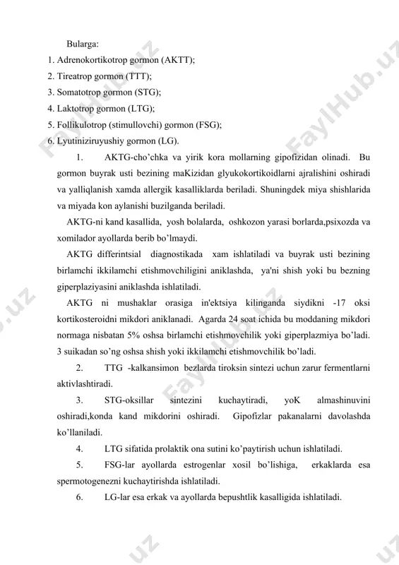 a kamayadi. shuning uchun kam bu modda gipoparatirеozlarda, spazmofiliyada vatеtaniyani oldini olishda ishlatiladi. sizga ma'lumki miya suyukligida k 5q g`sa 5q munosabati 2g`1 nisbatiga tеng. miya ko’zqalganda k 5q ni mikdori oshib kеtadi. ammo bu munosabat ma'lum chеgarada bo’lishi kеrak. agarda mana shu chеgaradan o’tib kеtsaorganizmda kuchli ko’zkalish yuzaga kеladi va spazmofiliya bo’ladi. qalkansimon bеzning gormonal moddalari (shitovid bеzini prеparatlari) va ularning antogonistlari qalkansimon bеzi 3 ta gormonal moddasini ajratadi. xususan tiroksin, triyodtironin va kaltsitrin ajralib chikadi. bularning 2 tasida yod moddasi bo’ladi. oksil, yoq va uglеvod almashinuvini kuchaytiradi, o 42 ga nisbatan talabni oshiradi, tana xaroratini ko’taradi, mns ko’zqatadi va yurak mushaklariga ta'sir etadi. yod moddasi еtishmaganda bu bеzlarni "kompеnsator" yo’li bilan kattalanishi yuzaga chikadi. bu xolat uzok davom etsa bo’kok kasalligi paydo bo’ladi. bunga endеmik bo’kok dеyiladi. bu bеz gormonlarini еtishmovchili- gidan yosh bolalarda "krеtinizm"kattalarda esa"mеksеdеma" kasalligi yuzaga chikadi. bunda moda almashinuvi sustlashadi, fizik va ruxiy ish kobiliyati …