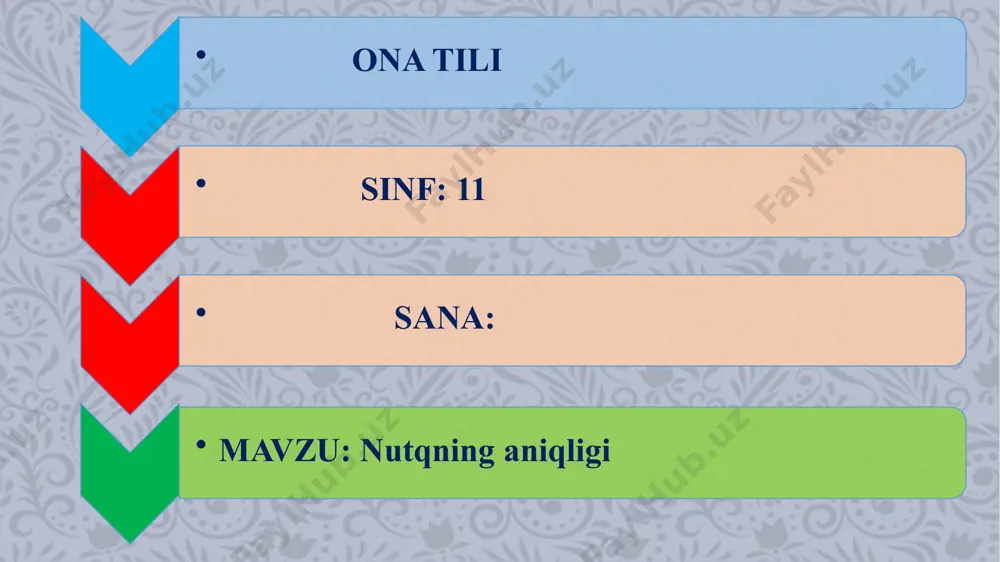 f xonasini tozaligiga e’ribor berish; b) o’quvchilar bilan salomlashish. c) o’quvchilarning darsga tayyorgarligini teshirish. d) o’quvchilarni darsga jalb qilish va davomatni anilash; e) o’quvchilarga o’tilgan mavzular yuzasidan savollar berish. yangi mavzu bayoni: bilib oling. nutqning aniqligi so’zning tildagi ma’nosiga tamomila muvofiq tarzda qo’llanishi, so’zning voqelikdagi o’zi ifodalayotgan narsa-hodisa bilan qat’iy mosligi asosida yuzaga keladigan kommunikativ sifatdir. tasvirlanayotgan voqelikni yaxshi bilish, tildagi so’z ma’nolarini yetarli anglash, nutq mazmuniga e’tibor bilan qarash aniq nutq tuzish malakasining shakllanishi uchun imkon beradi. so’z ma’nosi, uning nozikliklarini yaxshi o’zlashtirmasdan turib, aniq nutq tuzib bo’lmaydi. masalan, avlodla me’rosini o’rganamiz jumlasida ifodalanmoqchi bo’lgan mazmum avlod so’zining leksik ma’nosiga to’g’ri kelmaydi. avlod so’zi asli arabcha so’z bo’lib (uning nirlik shakli valad, ya’ni “bola” demakdir), o’zbek tilida “bir ota-bobodan tarqalgan nasl”, “bir davrda tug’ilib o’sgan kishilar” kabi ma’nolarga ega. gap me’ros haqida ketar ekan, ajdod so’zi qo’llanishi lozim edi, chunki u ham asli arabcha so’z bo’lib, uning ma’nosi “ilgari …