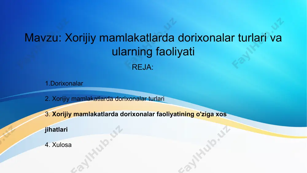 rdan qanday foydalanish haqida tushuntirish). dori-darmonlarni taqdim etish va inventarizatsiya: dorixonalar dori-darmonlarni yig'ish, saqlash va tarqatishda qat'iy qoidalarga amal qiladi. 3. xorijiy mamlakatlarda dorixonalar faoliyatining o'ziga xos jihatlari shifobaxsh mahsulotlar va dori-darmonlar tartibga solish: yaponiyada va germaniyada dori-darmonlar sotilishi qat'iy tartibga solingan, shuningdek, bu mamlakatlarda dorixonalar farmatsevtlar tomonidan boshqariladi va ular o'z bilimlarini doimiy ravishda yangilab borishlari kerak. aqshda dori-darmonlar faqat fda (food and drug administration) tomonidan tasdiqlangandan keyingina dorixonalarda sotilishi mumkin. yevropada esa, yevropa farmatsevtik agentligi (ema) dori-darmonlar xavfsizligini ta'minlaydi. elektron dorixonalar va onlayn sotuvlar: aqsh, buyuk britaniya, germaniya kabi mamlakatlarda onlayn dorixonalar keng tarqalgan. biroq, ular uchun maxsus litsenziyalar talab qilinadi va mijozlarning xavfsizligini ta'minlash uchun qator me'yorlar mavjud. jamoat dorixonalarida faollik: frantsiya va italiyada jamoat dorixonalarida dorilarni sotishdan tashqari, farmatsevtlar odatda bemorlarga tibbiy maslahatlar va yo'riqnomalar berishadi. shuningdek, bunday dorixonalar ko'pincha kiritilgan milliy tibbiy dasturlar va kompaniyalar bilan hamkorlikda ishlaydi. 4. xulosa xorijiy mamlakatlardagi dorixonalar faoliyati turlicha …
