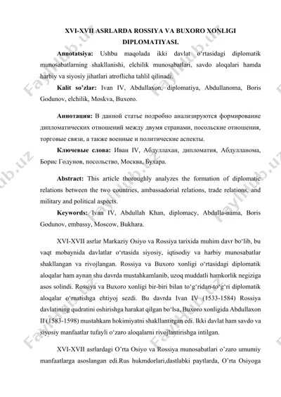 xvi-xvii asrlarda rossiya va buxoro xonligi diplomatiyasi — DOCX