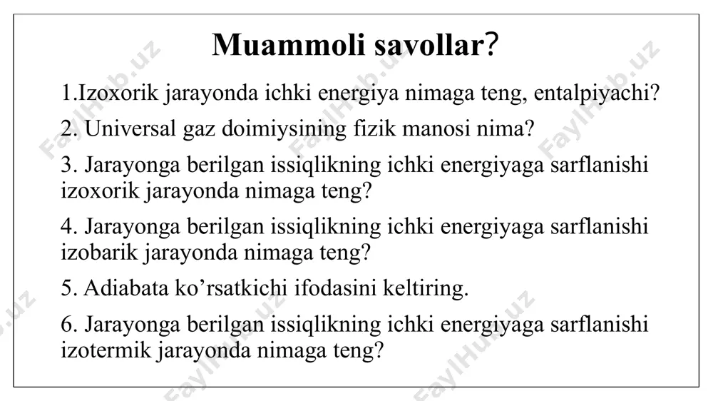 cha ifodalang? 273,15 k 100 k 373,15 k 0 k harorat. harorat jismning qiziganlik darajasini ko‘rsatadigan kattalikdir, boshqacha qilib aytganda gaz molekulalarning o‘rtacha kinetik energiyasiga proporsional bo‘lgan kattalikdir. o‘zaro va atrof muhit bilan issiqlik almashinadigan jismlar majmuasiga termodinamik tizim deyiladi o‘rganilayotgan termodinamik tizimga kirmaydigan hamma jismlar atrof muhit deb ataladi ishchi jismning fizik holatini ifodalaydigan kattaliklar holat parametrlari deyiladi. jismning holati o‘zgarganda bosim, harorat va solishtirma hajm keskin o‘zgaruvchan parametrlar bo‘lgani uchun ularni termik parametrlar deyiladi. savollaringiz bormi? uzoq umr ko'ring e'tiboringiz uchun rahmat ! image1.png image2.png image3.png image4.png image5.png image6.png image7.png image8.png image9.png image10.png image11.png image12.png image13.png image14.png image15.png image16.png image17.png image18.wmf image19.jpeg /docprops/thumbnail.jpeg