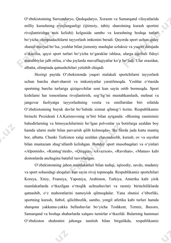 g‘mish», «qirqqiz», «avazxon», «ravshan», «manas» kabi dostonlarda anchagina batafsil tasvirlangan. o‘zbekistonning jahon mamlakatlari bilan tashqi, iqtisodiy, savdo, madaniy va sport sohasidagi aloqalari kun sayin rivoj topmoqda. respublikamiz sportchilari koreya, xitoy, fransiya, yaponiya, arabiston, turkiya, amerika kabi yirik mamlakatlarda o‘tkazilgan o‘rtoqlik uchrashuvlari va rasmiy birinchiliklarda qatnashib, o‘z mahoratlarini namoyish qilmoqdalar. yana shunisi e’tiborliki, sportning kurash, futbol, qilichbozlik, sambo, yengil atletika kabi turlari hamda sharqona yakkama-yakka bellashuvlar bo‘yicha toshkent, termiz, buxoro, samarqand va boshqa shaharlarda xalqaro turnirlar o‘tkazildi. bularning hammasi o‘zbekiston shuhratini jahonga tanitish bilan birgalikda, respublikamiz sportchilarining xalqaro sport maydonlarida bellashuvga tayyor ekanligidan dalolat beradi. ma’lumki, so‘nggi yillarda odamning jismoniy va ruhiy imkoniyatining cheksizligini sportda erishayotgan rekord natijalar ham ko‘rsatmoqda. sportda rekord ko‘rsatkichlar shunday tez sur’atlar bilan o‘sib bormoqdaki, bu natijalar o‘zbekiston sportchilaridan ham olimpiada o‘yinlarida g‘alaba qilish uchun yuksak iste’dodlilikni, ruhiy va jismoniy faollikni, sport musobaqalarida o‘z kuchiga ishonch hosil etishni, tinimsiz mashq qilishni, eng og‘ir sharoitlarda ham o‘zini dadil …