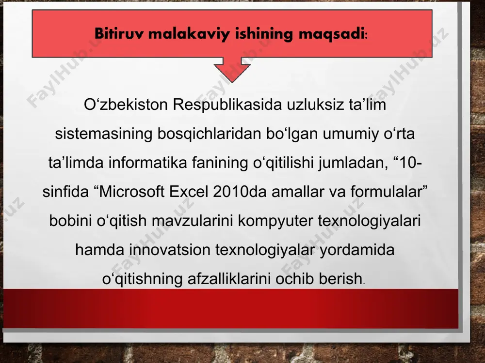 e ii kompyuteri uchun ishlab chiqilgan va ko‘p jihatdan uning bozorda ommabopligi aniqlangan.1981 yili ibm ps kompyuteri paydo bo‘lishi bilan bu tipdagi kompyuterlar uchun elektron jadvallar ishlab chiqila boshlandi. visicals va supercals dasturlarining yangi ko‘rinishlari paydo bo‘ldi, shu bilan birgalikda microsoft-multiplan firmasining birinchi amaliy dasturi paydo bo‘ldi va u elektron jadvallar yangi avlodining yorqin yulduziga aylandi. 1.2.microsoft excel 2010 jadval prosessori interfeysi excel dasturida ishlatiladigan barcha buyruqlar excel darchasining yuqori qismidagi sarlavha satri ostida lenta deb nomlangan ob’yektida joylashgan bo‘lib, ular bajarilayotgan amalga mos ravishda avtomatik ravishda paydo bo‘ladi. lentadagi buyruqlar o‘z navbatida glavnaya, vstavka, razmetka stranitsi, formuli, danniye, retsenzirovaniye va vid deb nomlangan vkladkalarga vazifalariga ko‘ra ajratib joylashtirilgan. har bir vkladkalarda esa bu buyruqlar avvalgi excel 2003 gacha bo‘lgani kabi uskunalar panellari yana bir nechta guruhlarga bo‘lib xira chiziqlar yordamida ajratib qo‘yilgan. 1.3.excel 2010 dasturida formula va diagrammalar ustasi bilan ishlash ms excel 2010 dasturida funksiyalardeb muayyan vazifani yechish …