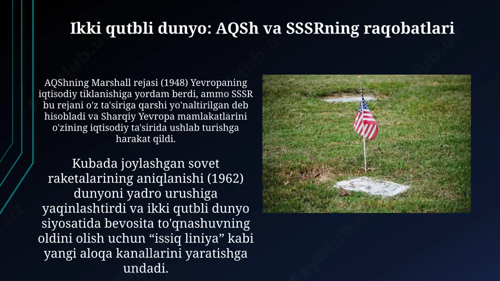 artnomasi tashkilotlari varshava shartnomasi tashkiloti 1955-yilda sssr rahbarligida sharqiy yevropa mamlakatlari, jumladan, polsha, chexoslovakiya va gdr kabi 8 ta davlatni birlashtirgan harbiy-siyosiy ittifoq edi. nato 1949-yilda tashkil topgan bo'lib, dastlab 12 ta g'arbiy yevropa davlati va shimoliy amerika davlatlarini o'z ichiga olgan, keyinchalik esa a'zo davlatlar soni 30 tagacha yetgan. sovuq urush davrida aqsh va yevropa: kirish 1961-yilda berlin devorining qurilishi germaniya va butun yevropani ikki qutbli dunyoga ajratdi, shu bilan birga, sharqiy yevropaning sssr nazorati ostida qolishi tasdiqlandi. marshal rejasi orqali aqsh 13 milliard dollardan ortiq mablag'ni yevropaning iqtisodiy tiklanishiga sarflab, sssr ta'siridan himoya qilishga harakat qildi. sovuq urushning yakunlanishi va uning oqibatlari sovuq urushning tugashi global qurol-yarog' yarishiga (taxminan 100 000 dan ortiq yadro quroli) va jahon miqyosidagi iqtisodiy o'zgarishlarga, ayniqsa, markaziy va sharqiy yevropa mamlakatlarida chuqur islohotlarga olib keldi. berlin devorining qulashi (1989) sharqiy va g‘arbiy germaniyaning birlashishiga va yevropada siyosiy xaritaning o‘zgarishiga, shu jumladan, natoning kengayishiga …