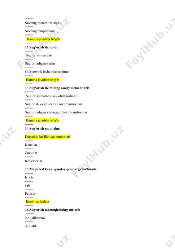 beriladigan suv hajmi. ==== ekin maydoniga bir oyda beriladigan suv hajmi. ==== ekin maydoniga bir faslda beriladigan suv hajmi. ++++ 23.sug‘orish me’yori deb nimaga aytiladi? ==== ekinlarni bir marotaba sug‘orish uchun bir gektar maydonga beriladigan suv hajmi ==== ekin maydoniga bir oyda beriladigan suv hajmi ==== o‘simliklarni bir yil davomida sug‘orish uchun beriladigan suv hajmi ==== bir gektar ekin maydonini namlantirish uchun beriladigan suv hajmi ++++ 24.gidromodul –so‘zining ma’nosi. ==== suv boshqaruvi ==== suv o‘lchovi ==== suv birligi ==== suv sarfi ++++ 25.sug‘orish gidromoduli-bu ==== birlik maydonga vaqt birligi ichida bir marotaba sug‘orish uchun berilgan solishtirma suv sarfidir. ==== bir gektar maydonni bir marotaba sug‘orish uchun berilgan suv sarfidir. ==== bir gektar maydonni bir mavsumda sug‘orish uchun berilgan suv sarfi ==== bir gektar maydonga bir yil davomida sug‘orish uchun berilgan suv sarfi. ++++ 26.suv berish gidromoduli-bu ==== biror ekinning bir gektariga butun vegetatsiya davri davomida suv berishdir. ==== biror ekinning …