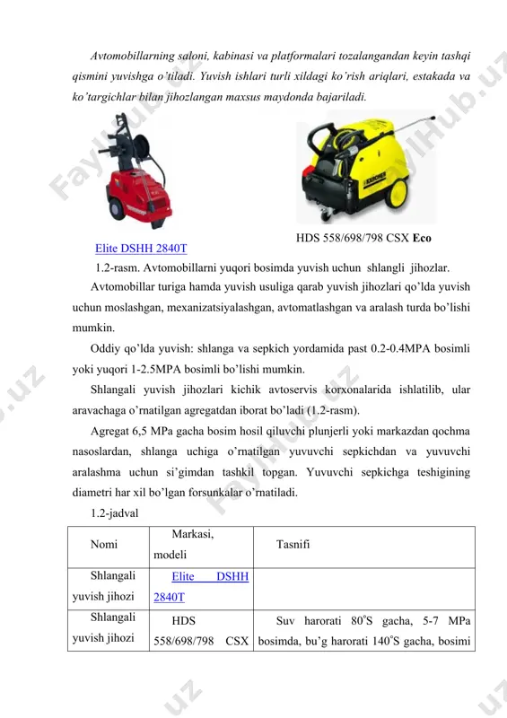 i 30-40 avt./s ni tashkil etadi. yuk avtomobillarini zarrachali yuvish jihozi m129 jihoz ikkita oldingi va ikkita orqa yuvish mexanizmlari, ivitish ramkasi, chayish ramkasi hamda suv yi’guvchi ariqchadan iborat. (8.4-rasm). yuvish jihozi m136 harakatlanuvchi portalli, ishlab chiqarish qobiliyati 25(60 avt.(soat, suv sarfi 200(500 l(avt. , suv bosimi 2mpa (8.5-rasm). m129 rusumli jihoz avtomobilni tagidan yuvishni ta’minlamaydi, shuning uchun u takomillashtirilib m136 rusumdagi jihoz ishlab chiqarilgan. bu jihoz qo’shimcha ravishda yer sathida o’rnatiladigan tebranuvchi forsunkalar bilan jihozlangan, uning ishlab chiqarish qobiliyati avtomobilning turiga qarab 25(60 avt.(soat ni, suv sarfi 200(500 l(avt. ni, suv bosimi 2mpa ni tashkil qiladi. тirkama bilan ishlovchi avtomobillar va o’zia’gdargichlar uchun harakatlanuvchi portalli zarrachali yuvish jihozlarini ishlatish maqsadga muvlfiq bo’lib, ular birdaniga avtomobilning sirtqi va tag tomonlarini birdaniga yuvadi (1.5-rasm). zarrachali yuvish jihozlarining afzallik tomonlari tuzilishining oddiyligi, kam metall sarflanishi va hammabopligidadir. kamchiligi ko’p suv sarf qilishi va yengil avtomobillarni hamda avtobuslarni sifatli yuvmasligidadir. 1.5-rasm. m136 rusumli …