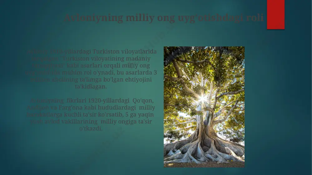 atgan. uning ta'lim tizimida o'quvchilarning yosh xususiyatlarini, individual qobiliyatlarini hisobga olishga, 5-6 yoshdan boshlab ona tilidan boshlashga va amaliy mashg'ulotlarga katta e'tibor qaratilgan. "turkiston viloyatida tarbiya ishlari" asari avloniy "turkiston viloyatida tarbiya ishlari"da milliy qadriyatlar, diniy bilimlar va zamonaviy fanlarni uyg'unlashtirgan holda yaxlit ta'lim tizimi yaratish zarurligini ta'kidlagan. asarda 3 yoshdan 16 yoshgacha bo'lgan bolalar uchun 4 bosqichli ta'lim tizimi taklif qilingan bo'lib, har bir bosqichning o'quv dasturi va pedagogik uslublari aniq belgilab berilgan. "tarbiya va ta'lim" asarining tahlili “tarbiya va ta’lim” asarida avloniy 1910-yillarda turkistonning ijtimoiy-madaniy hayotiga oid 30 dan ortiq fikrlarni bayon qilib, zamonaviy ta’lim tizimining asoslarini yaratish zarurligini ta’kidlaydi. kitobda milliy qadriyatlarni asrab-avaylash va zamonaviy fanlarni o’rgatishning muvozanatini saqlashga oid 20 ga yaqin amaliy takliflar, jumladan, buxoro va samarqanddagi maktablar uchun dasturlar taklif etiladi. e'tiboringiz uchun rahmat @taqdimot_robot image6.jpg image7.jpg image8.jpg image9.jpg image10.jpg image11.jpg image12.jpg image13.jpg image14.jpg image15.jpg image16.jpg image17.jpg image2.png image3.png image4.png image5.png