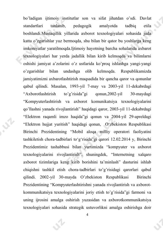 nikasi, informatsion aloqa va kommunikatsiya tizimlari, orgtexnika vositalari va ulardan foydalanish borasida yetarli malakalarga ega bo’lishi, hamda yangi informatsion texnika va texnologiya asoslarini uning ertangi kuni, rivoji to’g’risidagi bilimlarni o’zida mujassamlashtirgan bo’lishi kerak. zamonaviy hisoblash texnikasi va informatsion texnologiyalarning kun sayin rivojlanib, jamiyatning esa tobora informatsiyalashib borishi sababli, uzluksiz ta’lim tizimining o’rta va yuqori bosqichlariga informatika, ishlab chiqarish va boshqarish jarayonlarini kompyuterlashtirish bo’yicha bir qator o’quv fanlari kiritilgan. oxirgi davrda axborotli muhitda katta o’zgarishlar bo’lib bormoqda. ana shu o’zgarishlar qog’ozsiz texnologiya zarurligini keltirib chiqardi. bu esa o’z navbatida ehm ning yanada keng rivojlanishiga sabab bo’ldi. kompyuterlashtirish texnik muammolarni o’z ichiga olsa, axborotlashtirish kompleks jarayon bo’lib, u jamiyat hayotining barcha jabhalarini qamrab oladi. kompyuterlar uning texnik asosinigina tashkil etadi xolos.respublikamizda viloyatlar, shaharlar, tumanlarga qarashli korxonalar, tashkilotlar va muassasalar zamonaviy kompyuter texnikalari bilan jihozlanib, ular maxsus qurilmalar (telefon tarmog’i, modem va boshqalar) yordamida axborotlarni uzatish va qabul qilish imkoniyatiga deyarli egadirlar.xalqning boy …