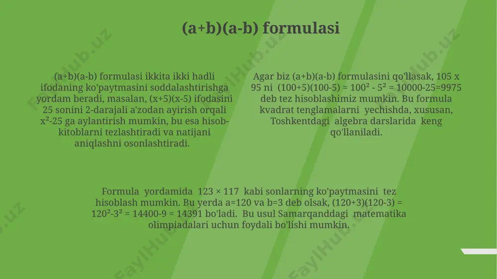 usullarini o‘rgatish kerak. toshkentdagi 9-sinfda a²-b² = (a-b)(a+b) formulasidan foydalanib, ikki hadli ifodaning kvadratlar farqini 5 ta misolda (masalan, 100²-81²) 15 minutda hisoblash maqsad qilingan. farg‘ona viloyatidan bo‘lgan 8-sinf o‘quvchilariga (a-b)² = a²-2ab+b² formulasini qo‘llab, algebraik ifodalarni soddalashtirishda 3 ta misol (masalan, (x-5)² ni kengaytirish)ni 20 daqiqa ichida yechishni o‘rgatish rejalashtirilgan. kirish o'quvchilarga (x+5)(x-5) kabi ifodalarni ko'paytirishni o'rgatishdan oldin, algebraik ifodalarning asosiy xossalarini eslatib o'tish va 2 xonali sonlar bilan bir nechta misollarni (masalan, 25 x 25 = 625) taxtaga yozib, usulni tushuntirish rejalashtirilgan. darsning kirish qismi 10 daqiqani o'z ichiga oladi va unda oldingi darslarda o'tilgan 2 xonali sonlarni ko'paytirish bo'yicha takrorlash mashqlari va yangi mavzuga kirish uchun motivatsion video, masalan, 3-sinf uchun mo'ljallangan qisqa animatsion rolik namoyish etiladi. 1-soatlik dars davomida o'quvchilarga 2 ta asosiy qisqa ko'paytirish formulalarini (a+b)² va (a-b)²ni tushuntirish va ularni 5 ta misollar yordamida samarqanddagi 7-maktab o'quvchilari bilan mustahkamlash rejalashtirilgan. kvadratning formulasi (a+b)² kvadratning …