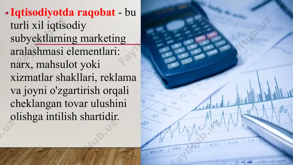 atish hamda monopol yuqori foyda olish maqsadida tarmoqlar, bozorlar va yaxlit makroiqtisodiyot ustidan hukmronlikni amalga oshiruvchi yirik korxonalar (firma, korporatsiyalar)ning birlashmalari 18 19 «monopoliya» atamasining kelib chiqishi bozorga oid tushunchalardan (ya’ni, grekcha «monoc» - yagona, bitta va «poleo» - cotaman) tarkib topsada, biroq uning iqtisodiy asoslari aslida ishlab chiqarishga borib taqaladi. monopoliyalar bir qator yo‘llar orqali kelib chiqadi. bular: kapitalning to‘planishi va markazlashuvi. - davlatning ayrim faoliyat sohalarini qo‘llab-quvvatlashi. - o‘zaro kelishish. 20 oligopoliya – tarmoqdagi bir necha yirik ishlab chiqaruvchi yoki sotuvchining narx va ishlab chiqarish hajmini belgilashdagi hukmronlik holati hisoblanadi. bu oligopoliyaning eng muhim belgisi bo‘lib, qaysi tovarlar va xizmatlar bozorida nisbatan kam sonli ishlab chiqaruvchilar hukmronlik qilsa, shu tarmoq oligopolistik tarmoq hisoblanadi. oligopolistik tarmoq bir xil yoki tabaqalashgan mahsulot ishlab chiqarishi mumkin. ko‘pchilik sanoat mahsulotlari – po‘lat, mis, alyuminiy, qo‘rg‘oshin, temir va shu kabilar fizik ma’noda bir turdagi mahsulotlar hisoblanadi va oligopoliya sharoitida ishlab chiqariladi6 . iste’mol …