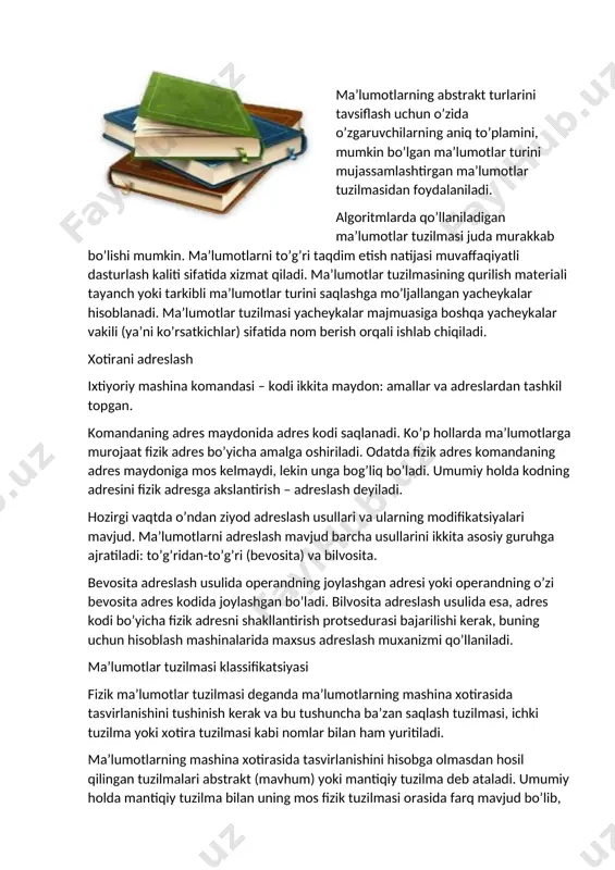 (mavhum) turlari – bu matematik model va shu model doirasida aniqlangan turli xil operatorlardir. abstrakt ma’lumotlar turi bilan algoritmlarni ishlab chiqish mumkin, lekin ma’lum bir dasturlash tilida algoritmlarni qo’llash uchun ma’lumotlarning abstrakt turlarini ushbu dasturlash tiliga mos ma’lumotlar turi va operatorlar yordamida ishlab chiqiladi. ma’lumotlarning abstrakt turlarini tavsiflash uchun o’zida o’zgaruvchilarning aniq to’plamini, mumkin bo’lgan ma’lumotlar turini mujassamlashtirgan ma’lumotlar tuzilmasidan foydalaniladi. algoritmlarda qo’llaniladigan ma’lumotlar tuzilmasi juda murakkab bo’lishi mumkin. ma’lumotlarni to’g’ri taqdim etish natijasi muvaffaqiyatli dasturlash kaliti sifatida xizmat qiladi. ma’lumotlar tuzilmasining qurilish materiali tayanch yoki tarkibli ma’lumotlar turini saqlashga mo’ljallangan yacheykalar hisoblanadi. ma’lumotlar tuzilmasi yacheykalar majmuasiga boshqa yacheykalar vakili (ya’ni ko’rsatkichlar) sifatida nom berish orqali ishlab chiqiladi. xotirani adreslash ixtiyoriy mashina komandasi – kodi ikkita maydon: amallar va adreslardan tashkil topgan. komandaning adres maydonida adres kodi saqlanadi. ko’p hollarda ma’lumotlarga murojaat fizik adres bo’yicha amalga oshiriladi. odatda fizik adres komandaning adres maydoniga mos kelmaydi, lekin unga bog’liq bo’ladi. umumiy …