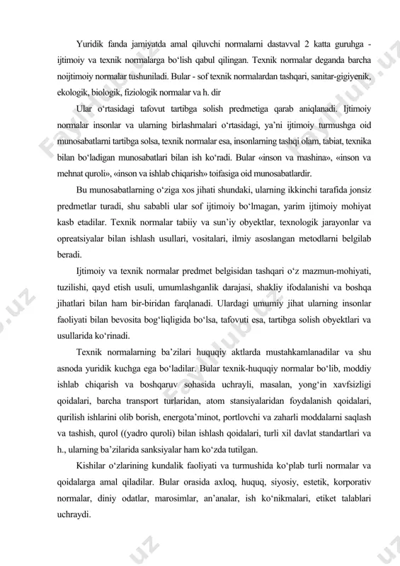 portlovchi va zaharli moddalarni saqlash va tashish, qurol ((yadro quroli) bilan ishlash qoidalari, turli xil davlat standartlari va h., ularning ba’zilarida sanksiyalar ham ko‘zda tutilgan. kishilar o‘zlarining kundalik faoliyati va turmushida ko‘plab turli normalar va qoidalarga amal qiladilar. bular orasida axloq, huquq, siyosiy, estetik, korporativ normalar, diniy odatlar, marosimlar, an’analar, ish ko‘nikmalari, etiket talablari uchraydi. normalar - bu ijtimoiy muloqot qatnashchilarining xulq-atvori, xatti-harakatining muayyan namunalari, me’yorlari, andozasi, modelidir. ijtimoiy normalar - bu odamlarning jamiyatda mavjud bo‘lishlik bilan bog‘liq xulq-atvori, xatti-harakatining muayyan namunalari, standartlari, modelidir. bularsiz kishilar turmushini, va, ayniqsa, murakkab tuzilmalar hisoblangan davlat, jamiyatning mavjud bo‘lishi mumkin emas. yuristlar bevosita kasblari uchun ahamiyatli bo‘lgan huquqiy normalar bilan ish ko‘radilar. biroq, huquqiy normalar xususiyatlarini ijtimoiy normalarning mohiyati va rolini bilmasdan turib aniqlash mumkin emas. ijtimoiy normalarga quyidagi jihatlar xos: 1. ijtimoiylik. ular ijtimoiy sohalarni tartibga soladilar va o‘z ichiga quyidagilarni oladi: а) insonlarni; б) ijtimoiy munosabatlar, ya’ni odamlar va ular birlashmalarining …