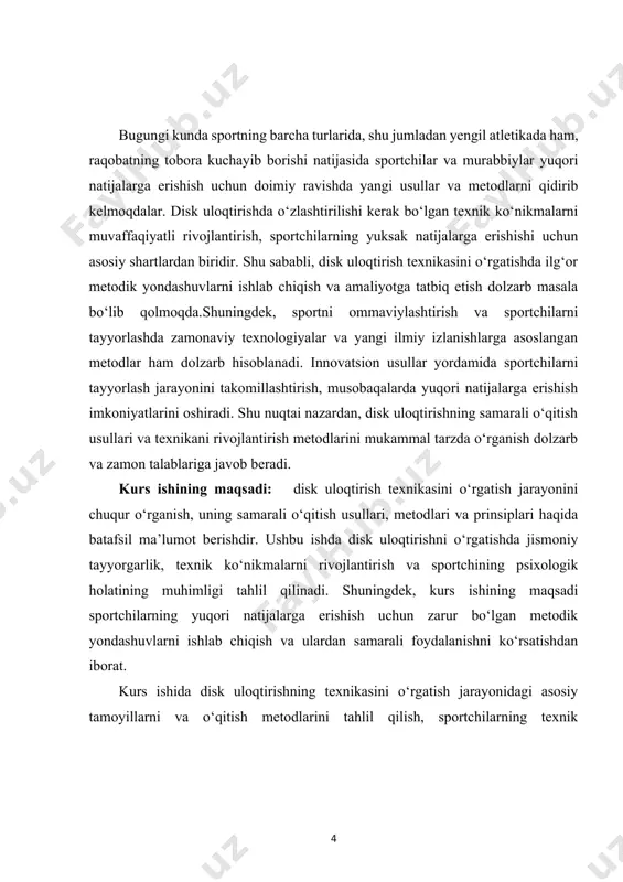 larga erishish uchun zarur bo‘lgan tayyorgarlikni ta’minlashga qaratilgan metodik yondashuvlarni o‘rganish lozim. disk uloqtirishning fiziologik, psixologik va texnik jihatlarini birgalikda ko‘rib chiqish va bu borada samarali o‘qitish usullarini ishlab chiqish ham kurs ishining vazifalaridan biridir. disk uloqtirishni o‘rgatishda qo‘llaniladigan mashqlarni va treninglarni aniqlash, sportchilarning individual xususiyatlarini hisobga olgan holda, ularga moslashtirilgan tayyorgarlik dasturlarini ishlab chiqishdan iborat. shuningdek, psixologik tayyorgarlikning sportchilarning muvaffaqiyatiga qanday ta’sir qilishini o‘rganish, ruhiy holatni boshqarish va sportchining o‘ziga bo‘lgan ishonchini oshirishga qaratilgan metodlarni ishlab chiqish kurs ishining yana bir muhim vazifasidir.zamonaviy yondashuvlar va innovatsion metodlarni o‘rganish, disk uloqtirish texnikasini takomillashtirish uchun ilg‘or texnikalarni joriy etish orqali sportchilarning maksimal natijalarga erishish imkoniyatlarini oshirishga qaratilgan tavsiyalar ishlab chiqish lozim. disk uloqtirishni o‘rgatishning samarali usullarini ishlab chiqish orqali, o‘qitish jarayonini mukammallashtirish, sportchilarni yuqori darajada tayyorlash va ularga musobaqalarda muvaffaqiyat qozonishga yordam berishdir. kurs ishining tarkibiy tuzilmasi: ushbu kurs ishi 2 ta bob, 6 ta reja, xulosa va foydalanilgan adabiyotlardan iborat. …