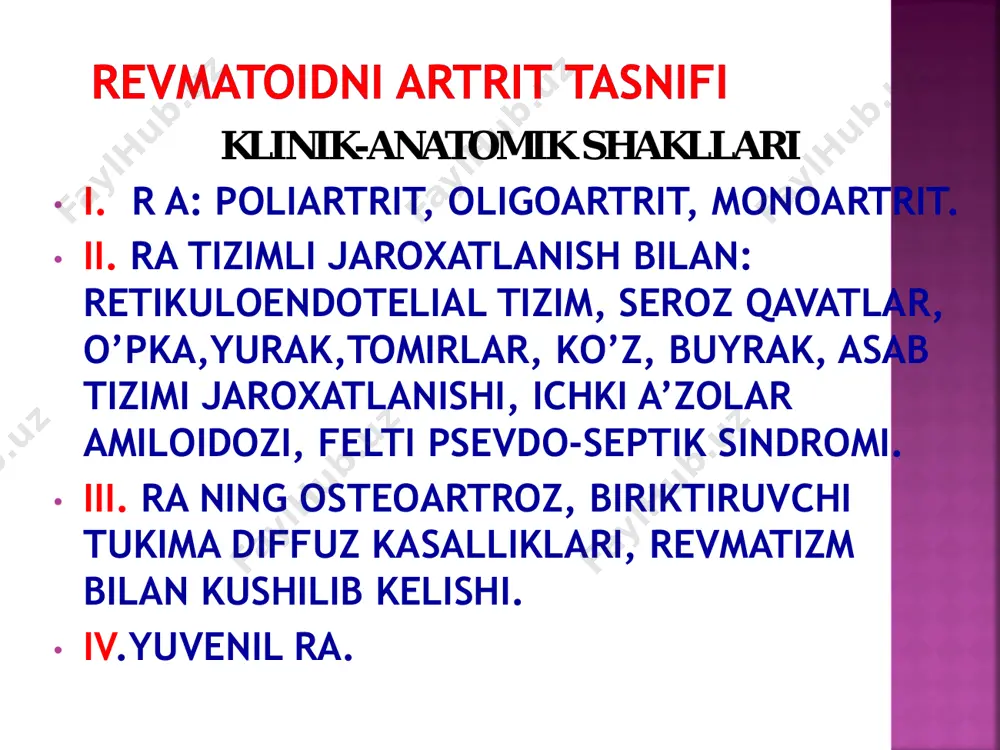 kasi: bo‘g‘imlarni rentginogirafiyasid bo‘g‘im yorig‘ini notekis torayishi. surunkali kechganda-suyak epefizida urat birikmalar yig‘ilishi va suyak diafizida ztuxumsimon shakildagi suyak tofuskar aniklanadi; keyinchalik osteartiroz, ostiofit belgilari ostioporoz belgilari paydo bo‘ladi. kasallikning davri, kechish va og‘ir-engiligini xisobga olgan xolda olib boriladi.kasalikning o‘tkir davrida kasalxonaga yotkizish, parxezga roya kilish urat kislota xosil kiladigan va purin saklaydigan maxsulotlar: jigar buyrak, kalbasa maxsulotlari, achik va o’tkir maxsulotlarin istemol kilmaslik.bemor organezimidan urat kislatani chikarish uchun sabzavot, meva va sut maxsulotlari tavsiya kilinadi.ko‘prok suyukliklar va meva sharbatlari ichish tavsiya etiladi.  podagra rivojlanishiga moyillik bo‘lganda parxez rejimiga rioya qilish. giperurikmiya, qoni va siydigida urat birikmalar miqdori ko‘p odamlarni hisobga olib qo‘yish va doimiy kuzatib borish. bemor n., 35 yoshda, qo’l kaftining mayda bo'g'imlarida, bilak-panja va boldir- tovon bo'g'imidagi shishga va og'riqka, ertalabki bo'g'imlar kotishi 1 soat davom etishiga, quvvatsizlikka shikoyat qilib keldi. anamnezidan: 10 yildan beri kasal, kasallikni boshlanishi sovuq qotish bilan bog’laydi – o’shanda qo’ mayda …