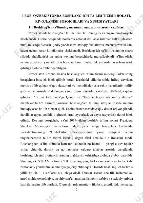 ng shaxs sifatida shakllanishida muhim poydevor bo‘lib xizmat qiladi. bu bosqichda o‘quvchilarda nafaqat dastlabki bilimlar balki, mehnatsevarlik, mustaqil fikrlash, axloqiy tarbiya, muloqot madaniyati va ijtimoiy faollik kabi zarur hayotiy ko‘nikmalar ham shakllanadi. shu boisdan ham boshlang‘ich ta’lim tizimi har bir mamlakatning ta’lim siyosatida muhim o‘rin egallaydi. boshlang‘ich ta’limning asosiy maqsadi — o‘quvchilarda elementar bilim, ko‘nikma va malakalarni shakllantirish, ularni o‘rta ta’limning keyingi bosqichlariga tayyorlash, mustaqil o‘rganish va fikrlashga yo‘naltirishdir. bu bosqichda bolalarning shaxsiy qobiliyatlarini yuzaga chiqarish, ularni ijtimoiy muhitga moslashtirish, madaniy va axloqiy qadriyatlar asosida tarbiyalash ham muhim vazifalardan biri hisoblanadi. mazmun jihatidan boshlang‘ich ta’lim quyidagi asosiy yo‘nalishlarni qamrab oladi. ona tili va savodxonlik: bolalarda savod chiqarish, og‘zaki va yozma nutqni shakllantirish, matn bilan ishlash ko‘nikmalarini rivojlantirish. matematika: mantiqiy fikrlash, sonlar, arifmetik amallar, shakllar va o‘lchovlar haqidagi dastlabki bilimlarni berish. atrof-muhitni o‘rganish: o‘quvchilarda tabiat, jamiyat, odamlar o‘rtasidagi munosabatlar haqida umumiy tushunchalarni shakllantirish. san’at va madaniyat: musiqa, tasviriy san’at, amaliy ishlar …