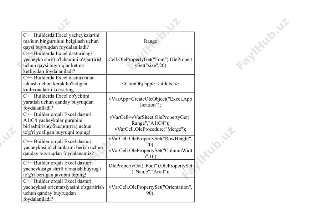 l"); c++ builder orqali excel dasturi yacheykasi orientatsiyasini o'zgartirish uchun qanday buyruqdan foydalaniladi? vvarcell.olepropertyset("orientation",90); c++ builder orqali excel dasturi yacheykasi ma'lumotini rangini o'rnatish buyrug'i to'g'ri berilgan javobni toping! vvarcell.olepropertyget("font").olepropertyset("color",clblue); c++ builder orqali excel dasturi yacheykasi ma'lumotiga qalin (полужирный) stilni o'rnatish buyrug'ini toping! vvarcell.olepropertyget("font"). olepropertyset("bold",true); c++ builder orqali excel dasturi yacheykasiga matn yozish buyrug'ini toping! olepropertyset("value", "bizning matn"); c++ builderda label komponentasida matn chiqarish uchun qanday amallar bajariladi? label1->caption = “matn”; c++ builderda edit1 komponentasida matn chiqarish uchun qanday amallar bajariladi? edit1-> text = “matn”; c++ builderda int tipida ‘a=5, b=8, c=a+b; ’ o’zgaruvchilari berilgan, "c" o’zgaruvchini label1 komponentasida chiqarish uchun qanday amallar bajariladi? label1->caption=inttostr(c); c++ builderda button1 komponentasini dastur ishchi holatida formada ko’rinmasligi uchun qanday amallarni bajarish kerak? button1->visible=false; c++ builderda joylashgan edit1 komponentasidagi ma’lumotni label1 komponentasiga chiqarish uchun qanday amallarni bajarish kerak? label1->caption=edit1->text; c++ builderda asosiy menyular yaratishga mo’ljallangan komponenta nomini ko’rsating: mainmenu c++ builderda kontekst menyular yaratishga mo’ljallangan …