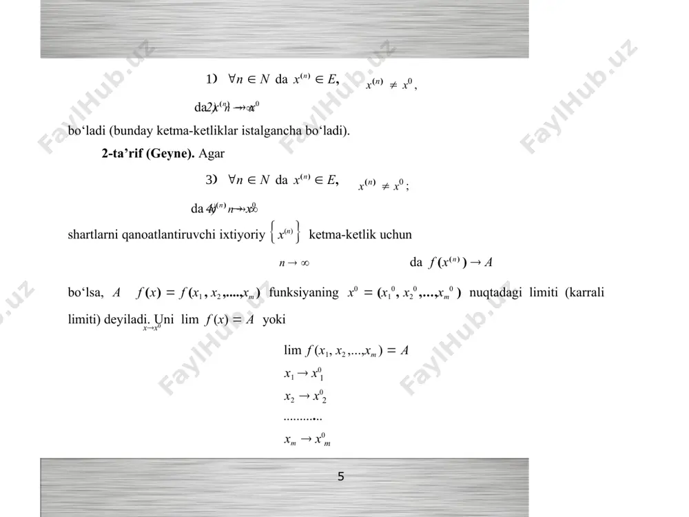i tekislikning ushbu x2  y2 1  0  4  x2  y2  0  sistemani qanoatlantiradigan nuqtalar to‘plami 24-chizmada tasvirlangan xalqani ifodalaydi: ikki o‘zgaruvchiga bog‘liq bo‘lgan u  f (x, y) funksiyaning grafigi umuman r3 fazoda (biz yashab turgan fazoda) sirtni ifodalaydi. o‘zmu 14 matematik analiz kafedrasi aytaylik, f (x, y) funksiya e  r2 tou‘plamda berilgan bo‘lib, (x0 , y0 ) r2 nuqta nuqtasi bo‘lsin. bu ikki o‘zgaruvchili funksiya limiti ta’riflari quyidagicha bo‘ladi: agar masalan, ushbu u  x2  y2 funksiyaning grafigi r3 fazoda 25–chizmada tasvirlangan aylanma paraboloid bo‘ladi: e ning limit n  n da (xn , yn ) e, (xn , yn )  (x0 , y0 ) n   da (xn , yn )  (x0 , y0 ) shartni qanoatlantiruvchi ixtiyoriy (xn , yn ) nuqtalar ketma-ketligi uchun n   da f (xn , yn )  a …