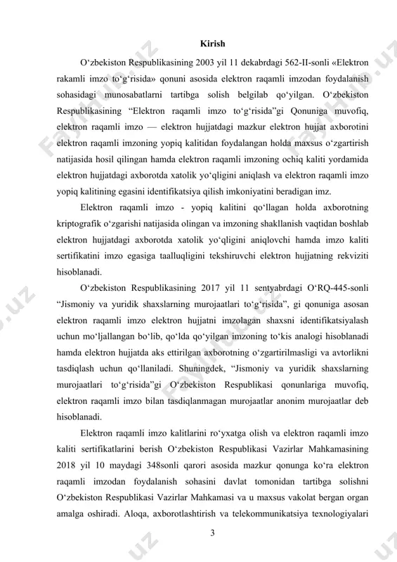 ng yopiq kalitidan foydalangan holda maxsus oʻzgartirish natijasida hosil qilingan hamda elektron raqamli imzoning ochiq kaliti yordamida elektron hujjatdagi axborotda xatolik yoʻqligini aniqlash va elektron raqamli imzo yopiq kalitining egasini identifikatsiya qilish imkoniyatini beradigan imzo. (qonun)qonunda talab etilgan shartlarga rioya etilgan taqdirda elektron raqamli imzo qogʻoz hujjatga shaxsan qoʻyilgan imzo bilan bir xil ahamiyatga egadir. elektron maʼlumotlarni kriptografik oʻzgartirish natijasida hosil qilingan belgilar ketma-ketligi. elektron raqamli imzo maʼlumotlar blokiga qoʻshib qoʻyiladi va blokni qabul qiluvchiga, manbani va maʼlumotlarning butunligini tekshirish hamda soxtalashtirishdan muhofazalanish imkonini beradi. hozirgi kunga kelib, ayrim mamlakatlar qonunchilik yoʻli bilan raqamli imzodan foydalanishni layoqatliligini qonunlashtirib qoʻyganlar. elektron raqamli imzo kalitlari sertifikatlari roʻyxatga olish markazlari tomonidan beriladi. 1-rasm. elektron raqamli imzo. elektron raqamli imzolar kalitlarini ro‘yxatga olish markazi elektron raqamli imzoning ochiq kalitlari va shifrlash sertifikatlaridan quyidagi maqsadlarda foydalanishni ta’minlash uchun mo‘ljallangan: · uzatiladigan elektron hujjatlar va ommaviy axborot resurslarining butunligini, shuningdek ularning ishonchli autentifikatsiya qilinishini nazorat qilish; …