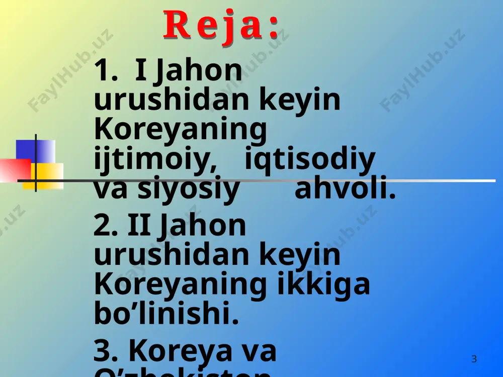 lari shimoli koreya poytaxti pxen’yan shahrini egalladi. shundan so'ng xitoy xalq respublikasi o'z harbiy kuchlarini shimoliy koreyaga yordamga yubordi. sssr ning ham koreya urushiga aralashishi mumkinligi aniq-ravshan bo'lib qoldi. shundan so'nggina aqsh shimoliy koreyaga qarshi urush harakatlarir to'xtatishga majbur bo'ldi. * 1945-yil dekabrda sobiq sssr, aqsh va buyuk britaniya tashqi ishlar vazirlarining maskva kengashi koreyani vasiylikka olish haqida qaror qabul qildi 1945-yil avgustda koreyaning 38-paralleldan shimoli qismi sovet armiyasi tomonidan ozod qilindi. sentabr oyining boshlarida aqsh qo’shinlari koreyaning janubiy qismini ishg’ol qildi. * 1948-yilning 15-avgustida koreyaning janubida li sin man boshchiligida koreya respublikasi tashkil topdi. 9-sentabrda esa shimolda kim ir sen boshchiligida koreya xalq demokratik respublikasi tuzilganligi e’lon qilindi. shimoliy koreyada sotsializm qurulishini e’lon qilgan hokimiyat qaror topdi. janubiy koreyada burjua-demokratik parlament respublikasi saylandi. * 1950-yilda bu ikki koreys davlati o’rtasida urush harakatlari boshlandi. bu urushga aqsh, sssr va xxr ham aralashdi. ikki yillik muzokaralardan so’ng, nihoyat, 1953-yilning 27-iyulida yarashish …