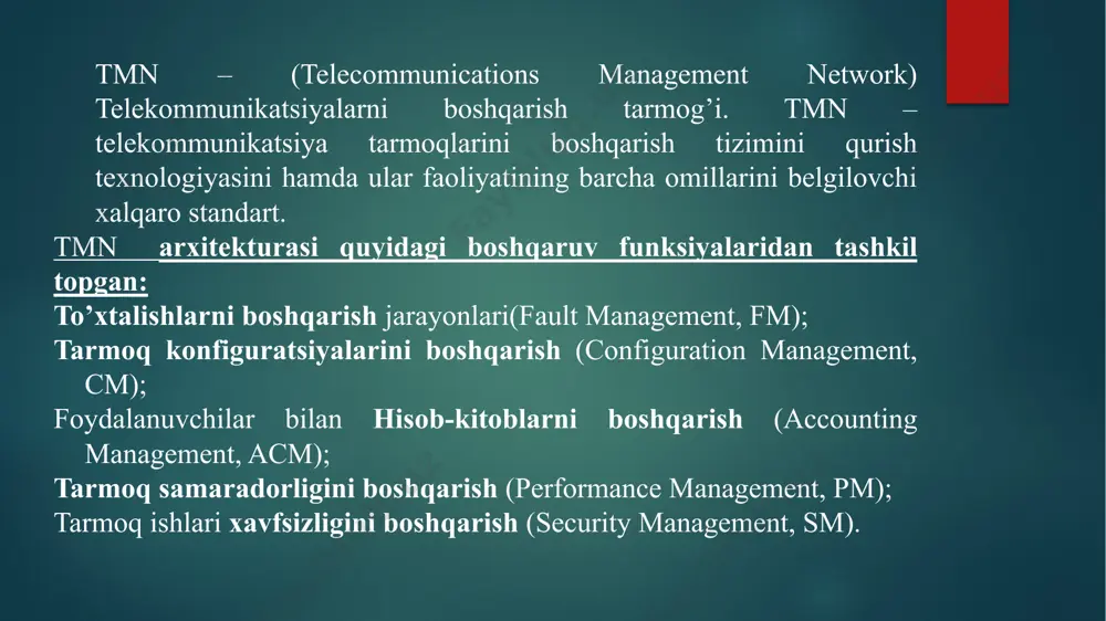 – taqdim etish funksiyasi hma – “odam-mashina” moslashuvi mcf – fizik interfeyslarga ega fb bilan aloqador bo’lgan xabarlar jo’natish funksiyasi image6.gif image7.jpg image8.png image9.png image10.gif image11.gif image12.gif image13.emf oleobject1.bin image14.emf oleobject2.bin image15.png image2.png image3.png image4.png image5.png ats sistema peredachi ats sistema peredachi rabochaya stantsiya nestandartniy interfeys upravleniya mml q3 q3q3 q3 ctandartniy interfeys upravleniya q-adapter set peredachi dannix (x.25, ethernet) ats f os q3 os q-adapter q3 tsentr podderjki (tsentr obrabotki dannix) tmn rabochaya stantsiya f f f vneshnyaya bd q-adapter osf mf qaf nef wsf tmn osf mf qaf nef wsf tmn /docprops/thumbnail.jpeg