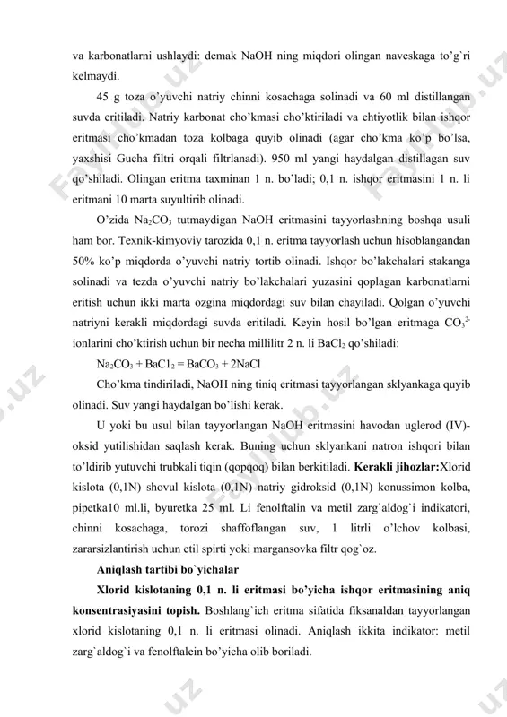 . li eritmasidan 10 ml dan olinadi. kislota eritmasiga 2 tomchi fenolftalein eritmasi qo’shiladi va 30 s davomida yo’qolib ketmaydigan och-pushti rang hosil bo’lguncha ishqor eritmasi bilan titrlanadi. titrlash natijalari yoziladi va xlorid kislota bo’yicha ishqor eritmasining aniq normalligi va titri hisoblanadi. 2. shovul kislotasining 0,1 n. li eritmasi bo’yicha ishqor eritmasining aniq konsentrasiyasini topish. shovul kislotasining 0,1 n. eritmasi tayyorlanadi. analitik tarozida shovul kislotasining 0,6304 g naveskasi tortib olinadi va 100 ml li o’lchov kolbasida, boshlang`ich eritma sifatida fiksanaldan tayyorlangan 0,1 nkislota eritmasi tayyorlanadi. ikkita 250 ml hajmli konussimon kolbaga pipetka bilan tayyorlangan shovul kislotasi eritmasidan 10 ml dan olinadi. eritmaga 1-2 tomchi fenolftalein eritmasi qo’shiladi va 30 s davomida o’chmaydigan och pushti rang hosil bo’lguncha ishqor eritmasi bilan titrlanadi. titrlash natijasi yoziladi va ishqor eritmasining aniq konsentrasiyasi hisoblanadi. diqqat bilan ishlansa bitta indikator bilan shovul va xlorid kislotalar bo’yicha aniqlash natijalari juda yaqin ma’lumotlarni berishi kerak. ozmi-ko’pmi katta …