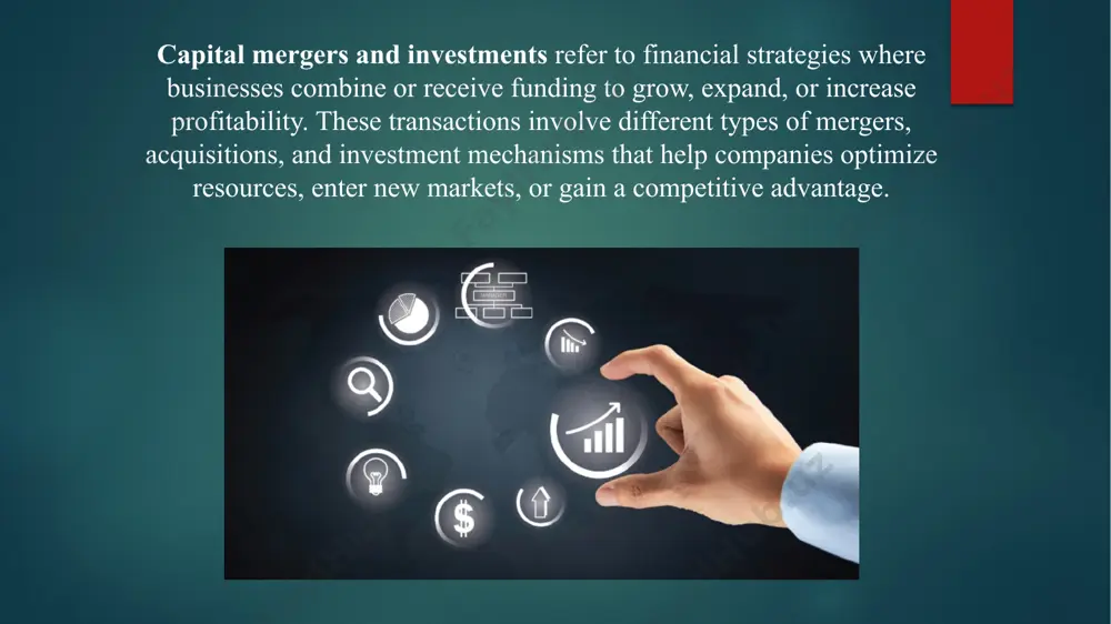 hybrid investments – a mix of equity and debt financing, such as convertible bonds. benefits of capital investments provides businesses with funds for growth. improves financial stability. enables research and innovation. attracts strategic partnerships. risks of capital investments high-risk exposure for investors. potential dilution of ownership in equity financing. interest obligations in debt financing. market volatility affecting investment returns. mergers and investments are closely related because both involve the movement of capital to enhance business growth, market positioning, and profitability. investments often facilitate mergers, while mergers create new investment opportunities. below are key ways they are interconnected: how investments lead to mergers: private equity & venture capital: private equity (pe) firms and venture capitalists invest in businesses and later push for mergers or acquisitions to increase value and exit profitably. strategic corporate investments: large corporations invest in startups or smaller firms with the intention of merging them into their operations …