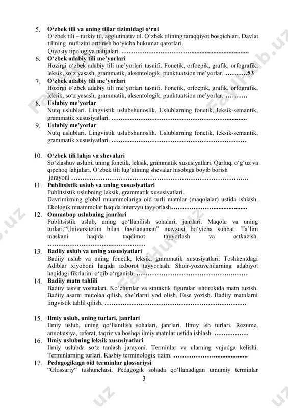 zume, annotatsiya, referat, taqriz va boshqa ilmiy matnlar ustida ishlash. …………… 16. ilmiy uslubning leksik xususiyatlari ilmiy uslubda so‘z tanlash jarayoni. terminlar va ularning vujudga kelishi. terminlarning turlari. kasbiy terminologik tizim. ……………….................... 17. pedagogikaga oid terminlar glossariysi “glossariy“ tushunchasi. pedagogik sohada qo‘llanadigan umumiy terminlar ro‘yxati. mutaxassislikka oid terminlar glossariysini tuzish ………………...... 18. ilmiy uslubning grammatik xususiyatlari ilmiy uslubning morfologik jihatdan o‘ziga xosliklari. kasbiy til sintaksisi. kasbga oid matnni grammatik tahlil qilish. ……………….......................................... 19. ixtisoslikka oid matn tarjimasining muammolari ixtisoslikka oid matnlar ustida ishlash. tarjima sirlari, muammolari. mutaxassislik terminlarining uch tilli lug‘atini tuzish ……………….................................... 20. kasbiy monologik nutq monologik nutq. monologda mazmun va ohang izchilligi. monologik nutqning elementlari. kasbiy monologik nutq tuzish mashqlari. ……………….............. 21. mutaxassislikka oid bahs turlari eristika – bahs yuritish san’ati. bahs turlari. muhokama, munozara, polemika, disput, debat. ta’limiy bahs namunalari. ……………….............................. 22. mutaxassisning o‘zbekcha taqdimot nutqi taqdimot etiketi. taqdimot davomida foydalaniladigan nutqiy qoliplar. mutaxassislikka oid mavzu bo‘yicha …