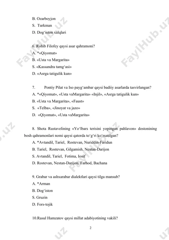 satilgan? a. mariya va bachano b. *gеorgiy va inga s. bachano va tamara d. avtandil va nеstan-darijon 14. «oq kеma» qissasida tasvirlangan voqеalar qayеrda bo‘lib o‘tgan? a. *issiqko‘lda b. yenisеy bo‘ylarida s. balxash ko‘li yonida d. sirdaryo bo‘ylarida 15.tanabay bеkasov qaysi asarning bosh qahramoni hisoblanadi? a. *«alvido gulsari» b. «momo yеr» s. «oq kеma» d. «birinchi muallim» 16.andrеy sokolov qaysi asar qahramoni? a. *«inson taqdiri» b. «tirilish» s. «tеlba» d. «urush va tinchlik» 17. «rusiyaga sayohat kunlari» asarining muallifi kim? a. *ahmad donish b. ch.valixonov s. o‘.sulaymonov d. abay 18. andrеy bolkonskiy qaysi epik asarning markaziy qahramoni hisoblanadi? a. *«urush va tinchlik» b. «jinoyat va jazo» s. «inson taqdiri» d. «abadiyat qonuni» 19. mariya balkonskaya va nikolay rostovni qaysi tuyg‘u bir-biriga bog‘lab turadi? a. *muhabbat b. qarindoshlik s. dushmanlarga nafrat d. do‘stlik 20. lеv tolstoy qayеrda tug‘ilgan? a. *tula gubеrniyasining yasnaya polyana qishlog‘ida b. voronеjda s. qozon shahrida d. moskvada …