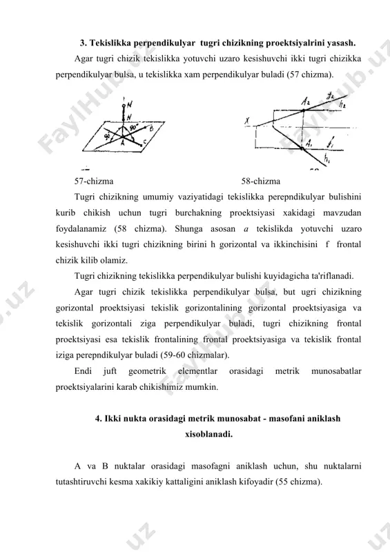 di. 8. tugri chizik va tekislik orasidagi metrik munosabatlar. a) agar tugri chizik va tekislik parallel bulsa ular orasidagi metrik munosabat masofa buladi. bu masofani aniklash uchun tugri chizikdagi biror nuktadan tekislikgacha bulgan masofani topish kifoya. b) tugri chizik tekislik bilan kesishsa u tekislikka perepndikulyar bulishi mumkin (59-60 chizmalar) yoki ogma bulishi mumkin. tugri chizik va tekislik orasidagi burchakni aniklash uchun, tugri chizikning tekislikdagi proektsiyasini yasash lozim. lekin, chizma geometriya usullarini kullab, tugri chizik va tekislik orasidagi burchakni osongina aniklash mumkin. buning uchun tugri chizikdagi biror m nuktadan h tekislikga (65 chizma) perpendikulyar n tugri chizik utkazib, m va n tugri chiziklar orasidagi h0 burchak aniklanadi. izlangan h burchak esa h0 ni 90° tuldiruvchi burchakdir. 66 -chizma 9. ikki tekislik orasidagi metrik munosabatlar masofa (ular parallel bulsa) va burchakdir (ular kesishsa) a) parallel tekisliklar orasidagi masofa, nuktadan tekislikkacha bulgan masofani aniklagandek topiladi. b) tekisliklar kesishsa, ular uzaro perpendikulyar bulishi mumkin …