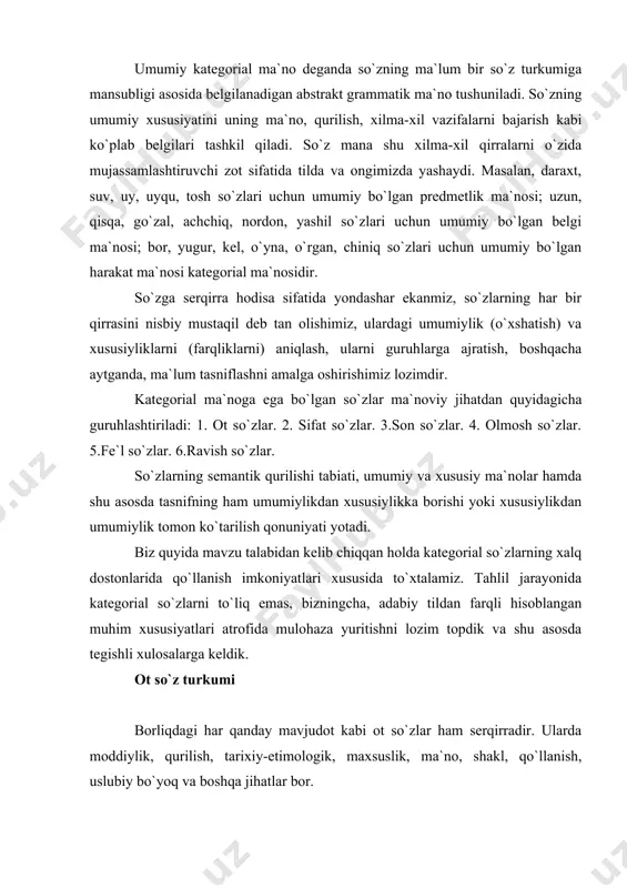 qo`llanish, uslubiy bo`yoq va boshqa jihatlar bor. o`zbek xalq dostonlari tilida jins (rod) kategoriyasi ham ko`zga tashlanadi. jins kategoriyasi biologik rod va grammatik rod kategoriyalaridan iborat. ular o`zaro chambarchas bog`liq . jins kategoriyasi jonli predmetlarning jinsini anglatuvchi so`zlardir. so`zlarda «erkaklik» va «ayollik» jinsi turli vositalar bilan ifodalanadi. 1. leksik-semantik vositalar orqali. 2. morfologik vositalar orqali. 1. leksik-semantik vositalar – bular jins ma`nosini atovchi so`zlar orqali yasaladi. ma`no xususiyatiga ko`ra so`z tarkibidagi ma`nolar quyidagicha bo`ladi: 1) shaxs ma`nolari: «erkak jinsiga mansub» ma`nolar ota (a.i=195; r.i=24), er (a.i=44; r.i=7), o`g`il (a.i=38; r.i=70), og`a (a.i=8; r.i=3), ini (a.i=12), bova (r.i=3), alp (a.i=100; r.i=2), ko`sa (a.i=1; r.i=43), yigit (a.i=12; r.i=27), mard (a.i=27; r.i=78) kabi; “ayol jinsiga mansub” ma`nolar opa (a.i=1; r.i=6), xotin (a.i=16; r.i=6), juvon (a.i=1; r.i=11), qiz (a.i=107; r.i=60), amma (a.i=4), momo (a.i=10; r.i=12), ena (a.i=64; r.i=211), buvish (a.i=11; r.i=9), oyim (a.i=60; r.i=22), bikach (a.i=20). bu so`zlar ham o`z navbatida quyidagicha bo`linadi: a) …