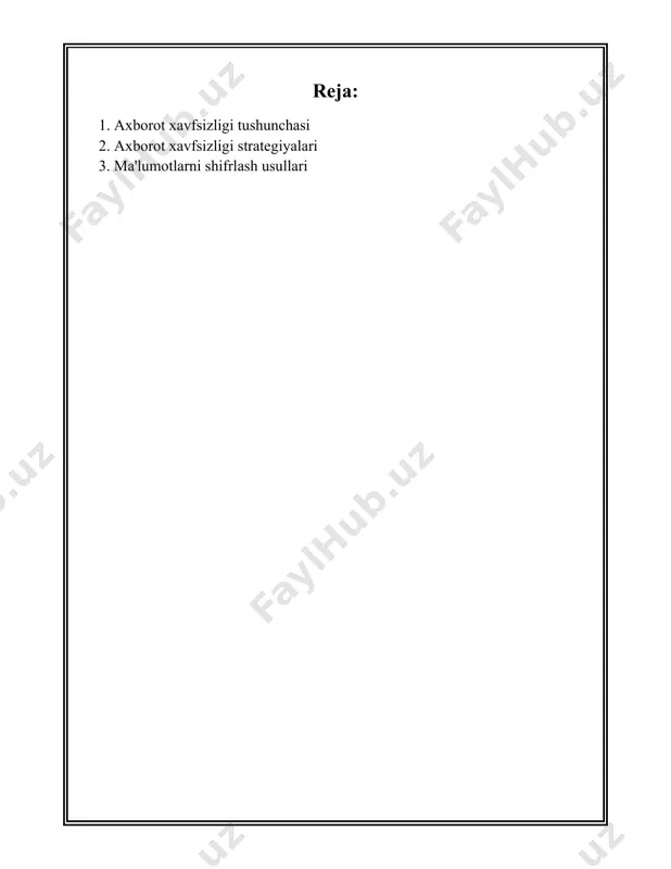 n kodlanadi va faqatgina mos keluvchi kalit bilan ochiladi. - **auditing va monitoring:** bu axborot tizimida faoliyatni kuzatish va unga doir jarayonlarni yozib borishni o'z ichiga oladi. tizimning ishlashini va ma'lumotlarni kim va qachon foydalanganligini kuzatish orqali xavfsizlikni yanada mustahkamlash mumkin. so'nggi o'n yillarda axborot xavfsizligi sohasidagi tahdidlar sezilarli darajada ortib bordi. bugungi kunda, dunyo bo'ylab har kuni millionlab kibertahdidlar amalga oshiriladi. masalan, cybersecurity ventures kompaniyasining prognoziga ko'ra, 2025 yilga borib, kibertahdi bilan bog'liq xarajatlar yilda 10,5 trillion aqsh dollaridan oshishi mumkin. bu ko'rsatkich 2015 yilda esa 3 trillion dollarni tashkil etgan. sanoat tarmoqlari orasida, eng ko'p kibertahdidlarga duch keladiganlari - moliya, davlat boshqaruvi va sog'liqni saqlash sohalaridir. foydalanuvchilar tomonidan zaif parollar va oshkora ma'lumotlar ko'pincha kiberhujumlarga yo'l ochadi. tadqiqotlarga ko'ra, foydalanuvchilarning 81 foizi esa zaif parollardan foydalanadi. shuningdek, "ruhlar ko'rib chiqishi" yoki "phishing" kabi ijtimoiy injenering taktikalari ham axborot xavfsizligiga katta tahdid soladi. misol uchun, cisco 2021 cybersecurity threat …