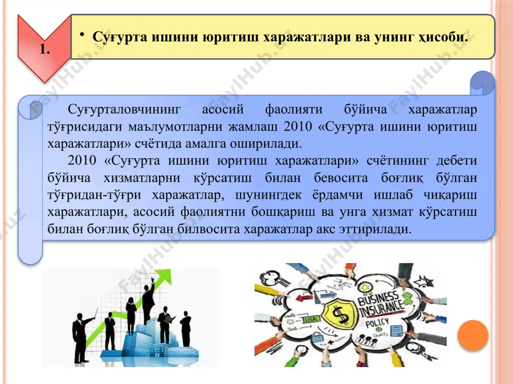 ига комиссион мукофотларни тўлаш бўйича харажатлар ва бошқалар. хизматлар кўрсатиш билан бевосита боғлиқ бўлган тўғридан-тўғри харажатлар 2010 «суғурта ишини юритиш харажатлари» счётига материаллар, ходимларга меҳнат ҳақини тўлаш бўйича ҳисоб китобларни ҳисобга олувчи ва бошқа счётларнинг кредити бўйича ўтказилади. асосий фаолиятни бошқариш ва ташкил этиш билан боғлиқ билвосита харажатлар 2010 «суғурта ишини юритиш харажатлари» счётига 2510 «умумишлабчиқариш харажатлари» счётидан ўтказилади. 2010 «суғурта ишини юритиш харажатлари» счётининг кредити бўйича кўрсатилган хизматларнинг ҳақиқий таннархи акс эттирилади. ушбу суммалар 2010 «суғурта ишини юритиш харажатлари» счётидан 9130 «кўрсатилган хизматларнинг таннархи» счётининг дебетига ўтказилади. аналитик ҳисоб харажатлар турлари ва хизматлар турлари бўйича юритилади. харажатларнинг юзага келиш жойлари ва бошқа белгилари бўйича гуруҳланиши, шунингдек, калькуляцион ҳисоб алоҳида счётлар тизимида амалга оширилади. ушбу счётларнинг таркиби ва фойдаланиш услубиятини ҳар бир суғурталовчи ўзининг ишлаб чиқариш фаолияти, тузилиши, бошқаришни ташкил этиш хусусиятларига қараб белгилайди. 2. ҳисобот даврида тўғридан-тўғри суғурта бўйича содир бўлган суғурта ҳодисалари бўйича суғурта товонлари ҳисоби. суғурта шартномасига …